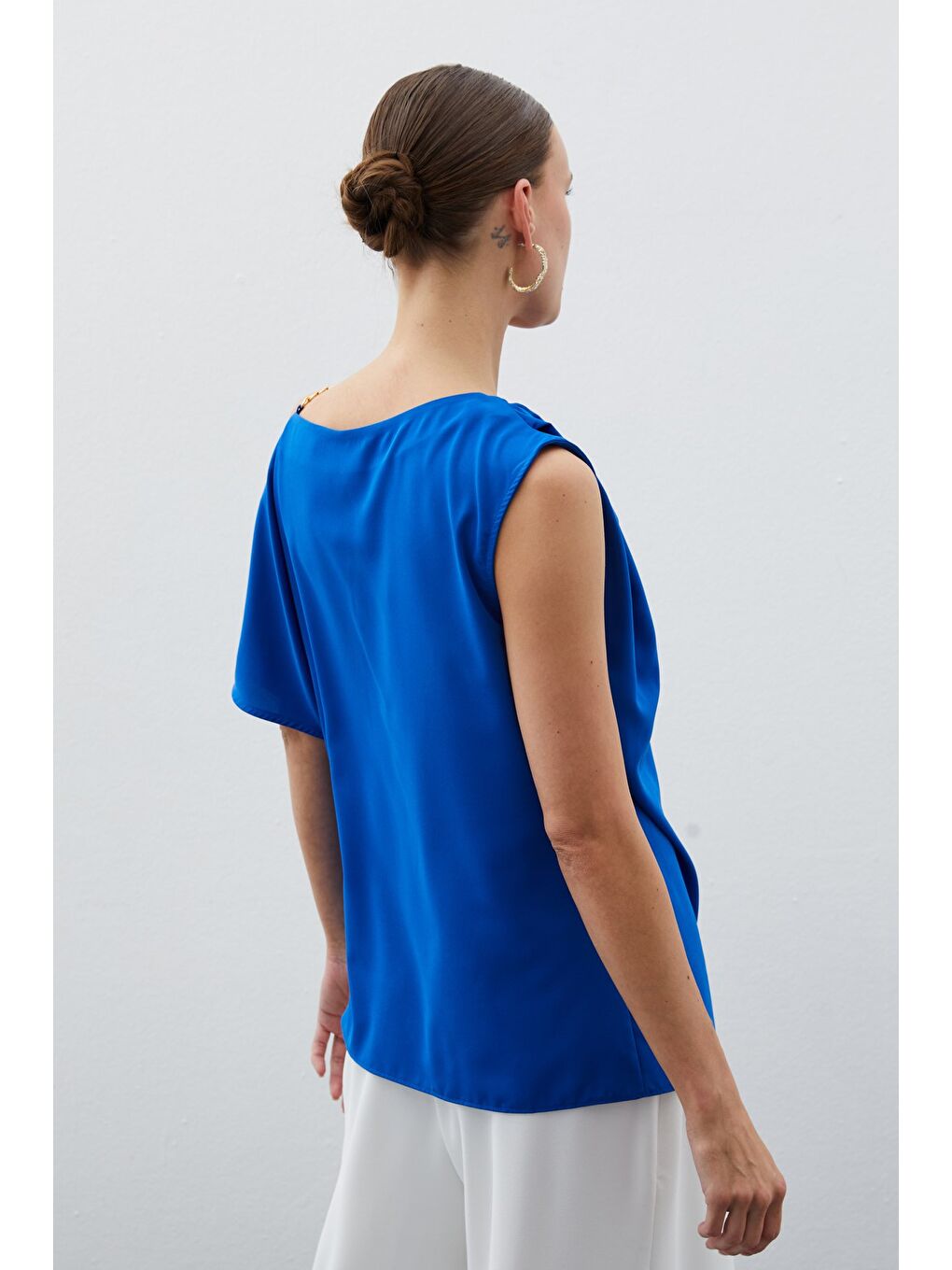 Düşük Omuzlu Salaş Bluz - Sax Mavi-4