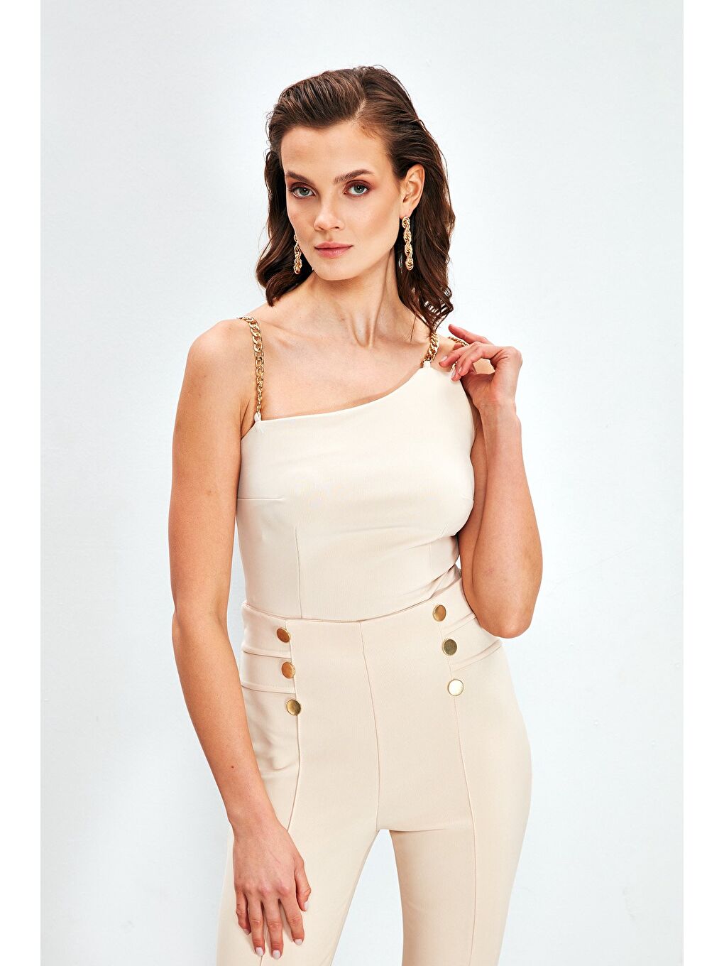 Zincir Askılı Bluz - Bej-1
