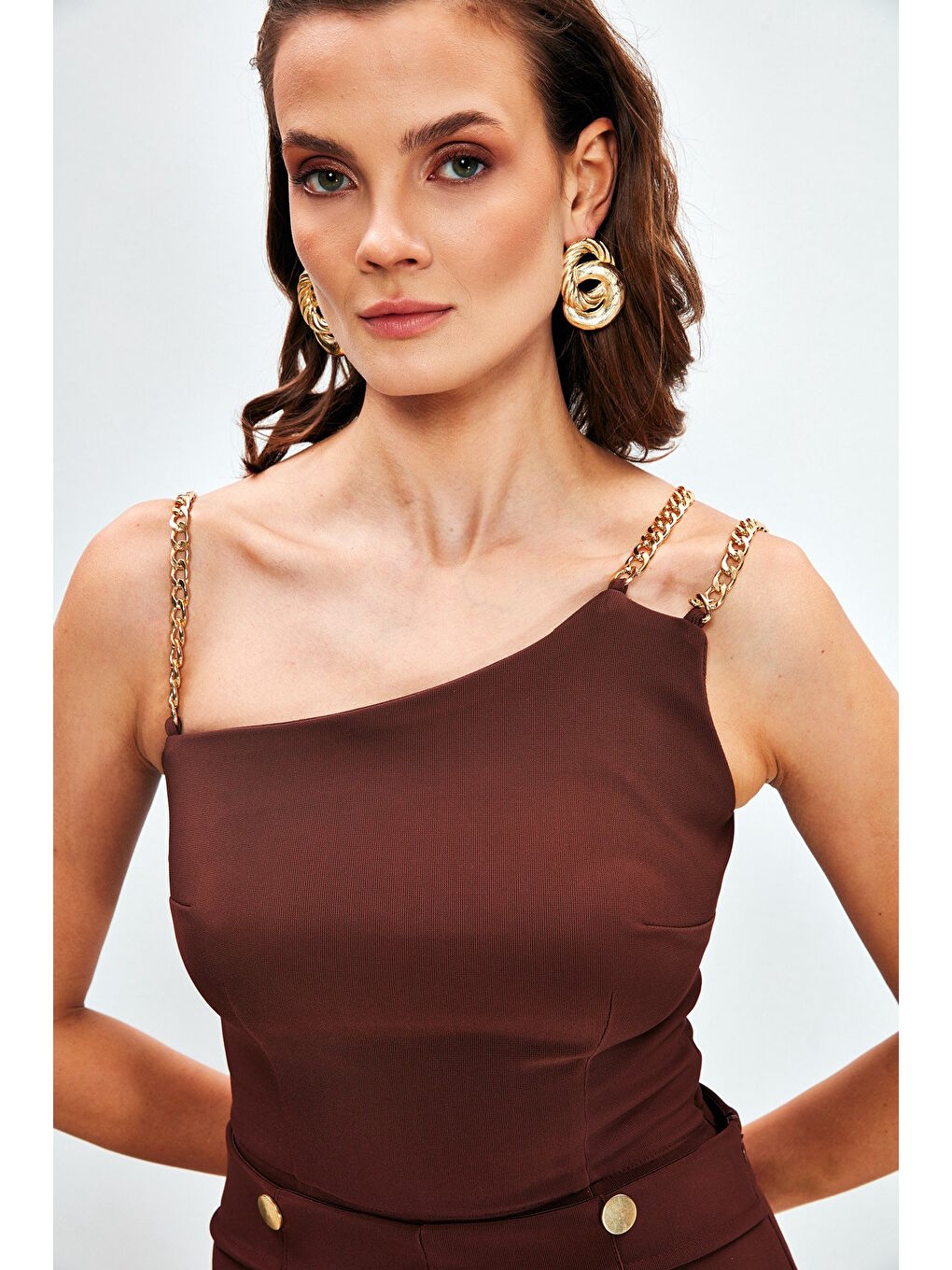 Kahverengi Zincir Askılı Bluz - Kahve-1