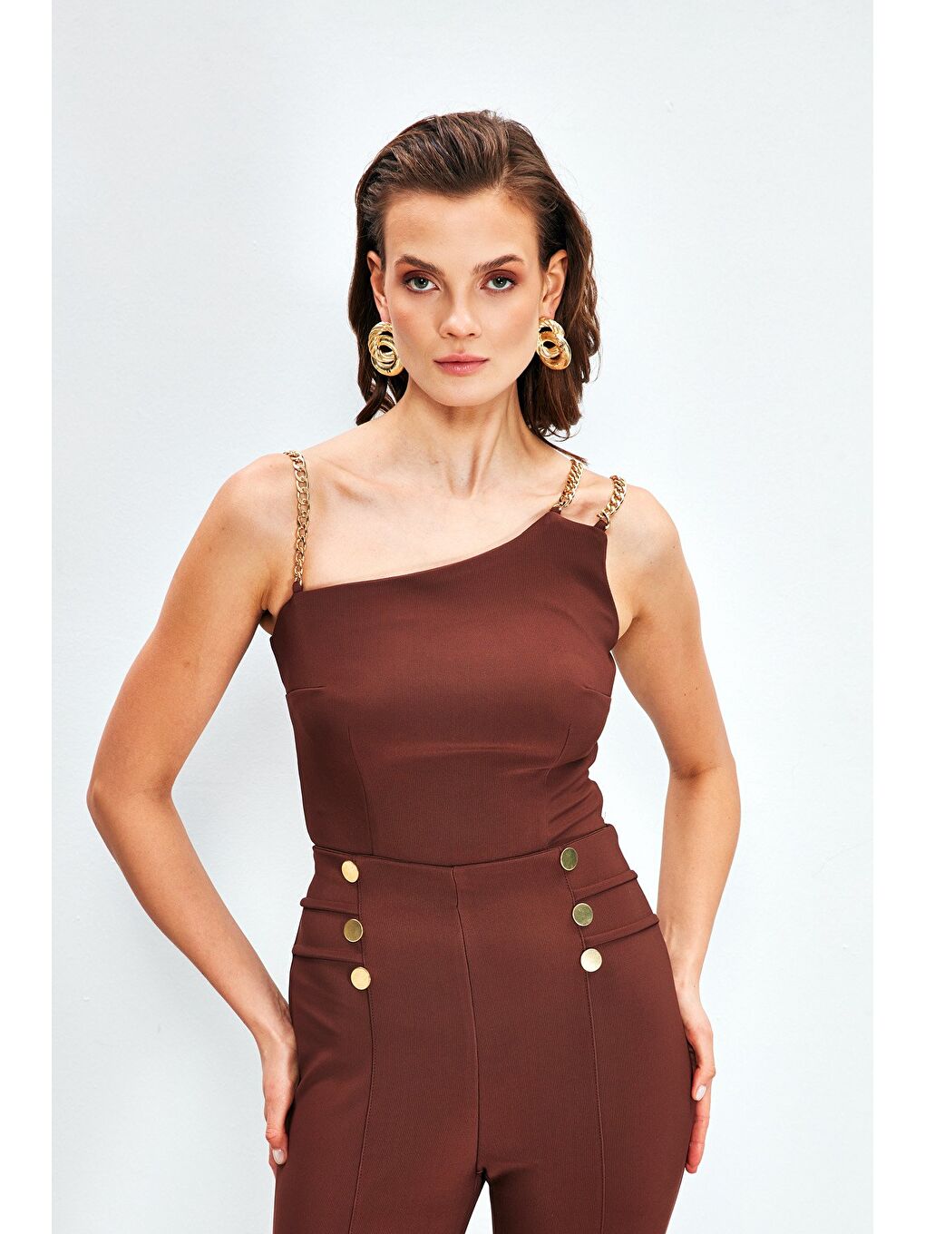 Kahverengi Zincir Askılı Bluz - Kahve-2