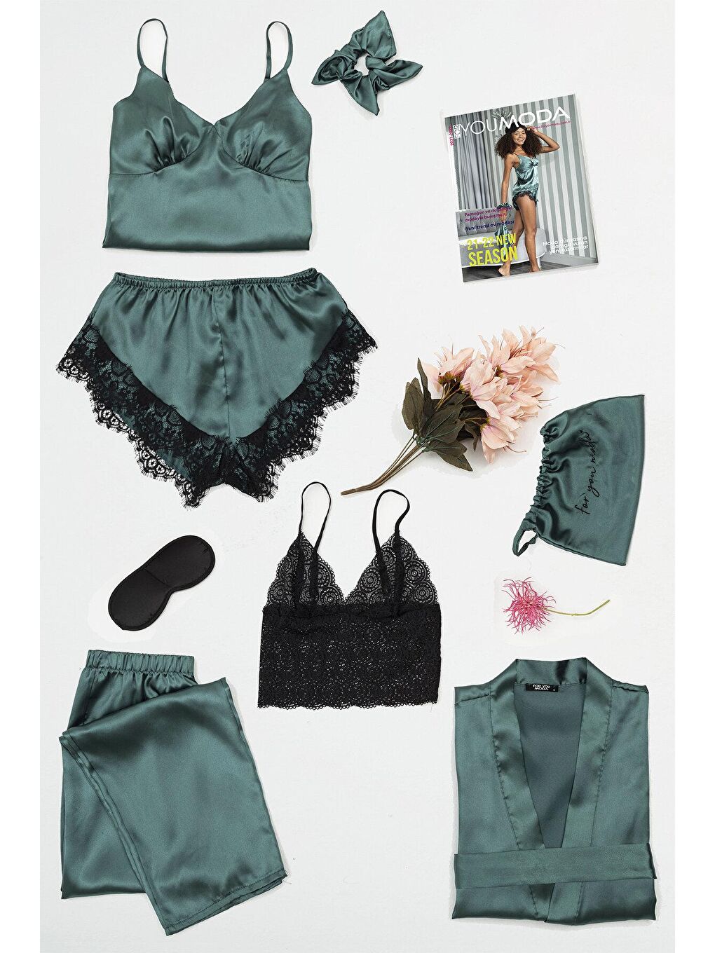 Saten 8'li Sabahlıklı Dantelli Pijama Takımı Yeşil