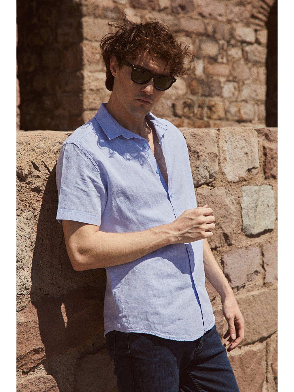 Mavi Kısa Kollu Keten Gömlek