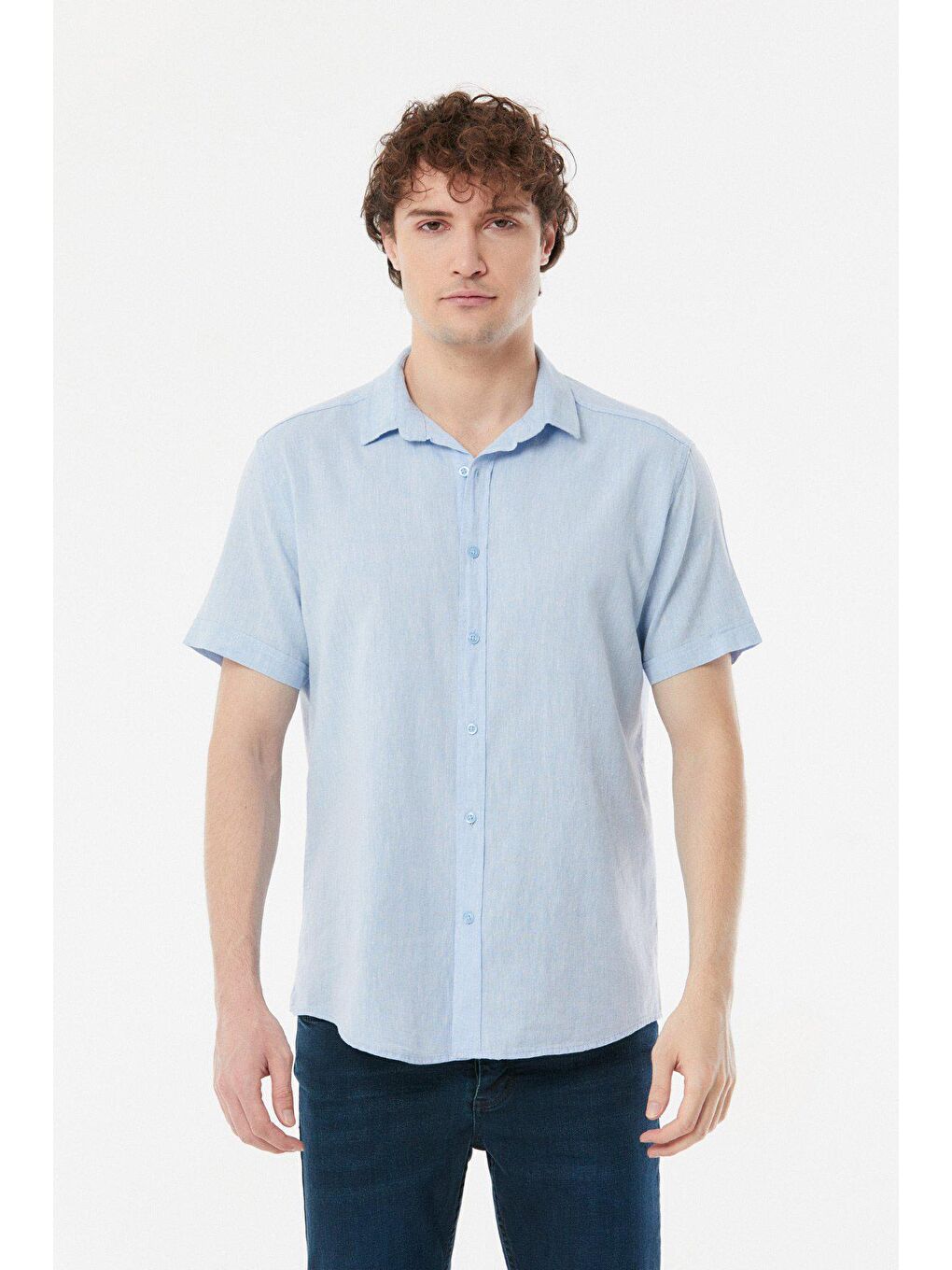 Mavi Kısa Kollu Keten Gömlek-1