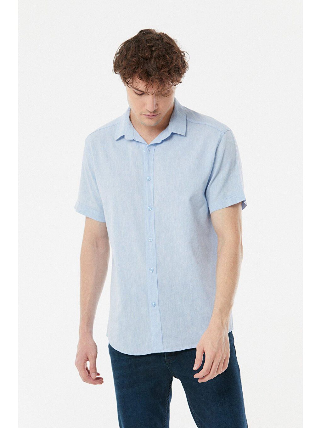 Mavi Kısa Kollu Keten Gömlek-3