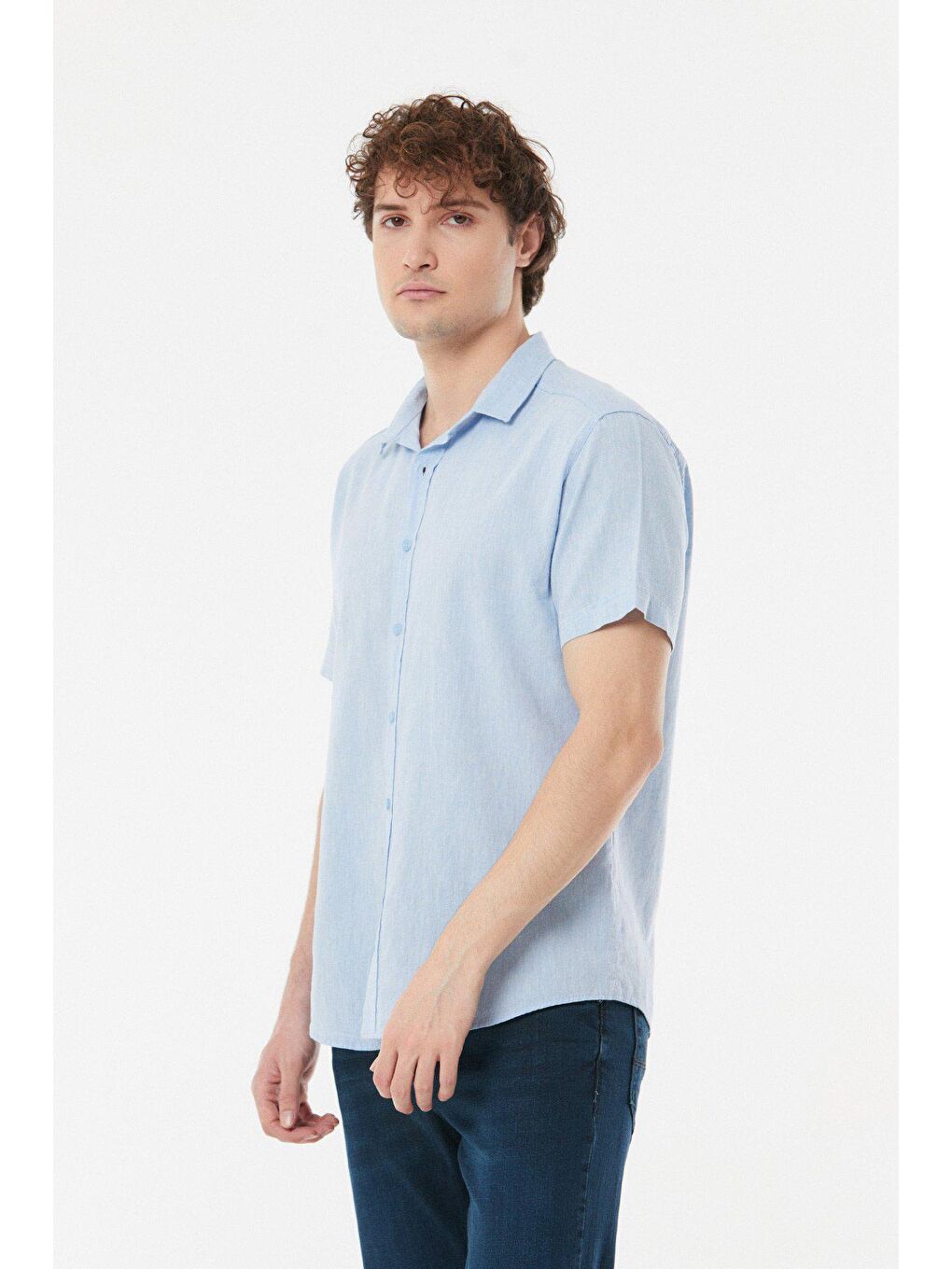 Mavi Kısa Kollu Keten Gömlek-4