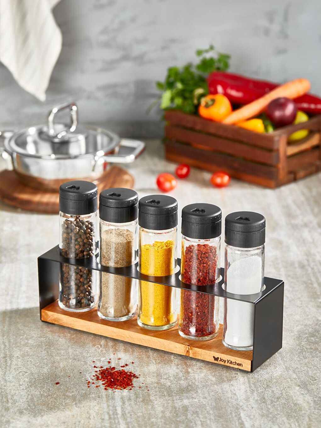 Karışık Lisa 5'li Baharatık Seti Mt. Ahşap Stantlı