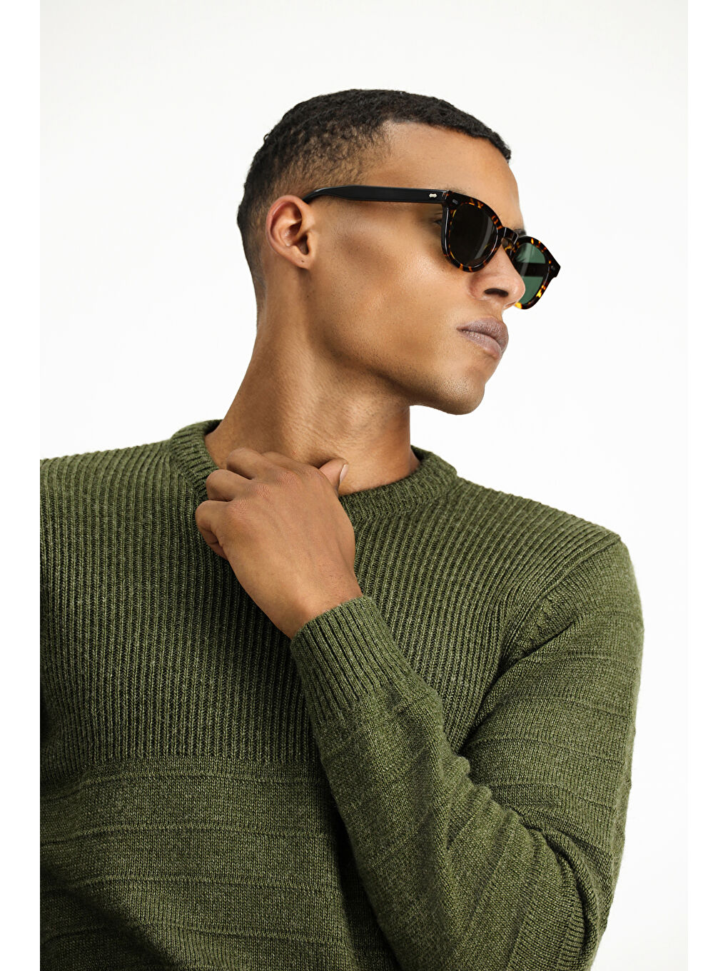 Haki Bisiklet Yaka Slim Fit Dar Kesim Desenli Triko Büyük Beden Kazak-3