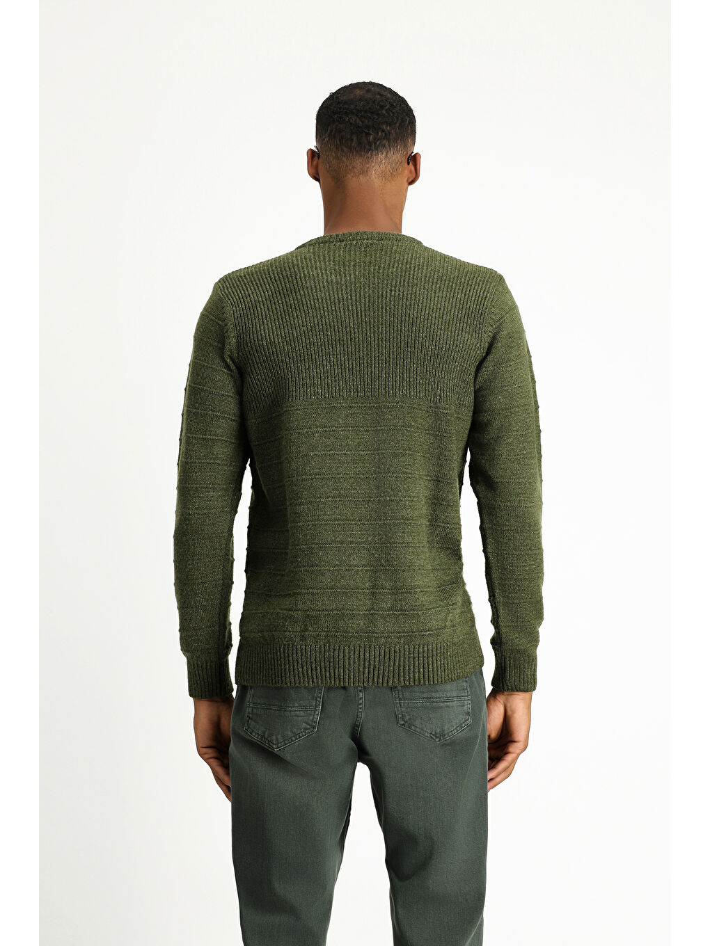 Haki Bisiklet Yaka Slim Fit Dar Kesim Desenli Triko Büyük Beden Kazak-4