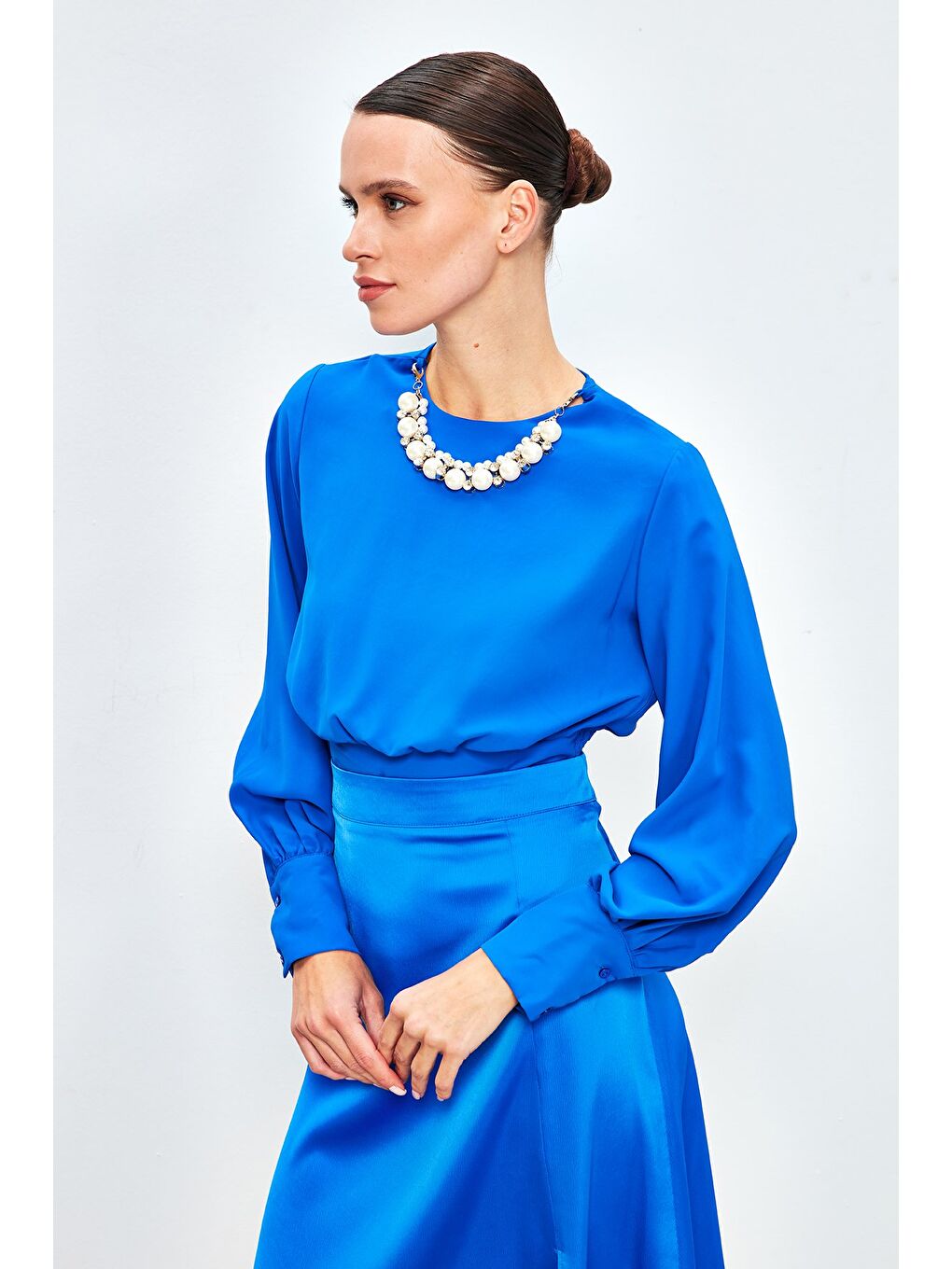 Kolye Detaylı Crop Bluz - Sax Mavi-3