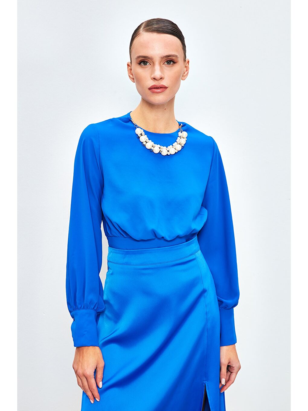 Kolye Detaylı Crop Bluz - Sax Mavi-4