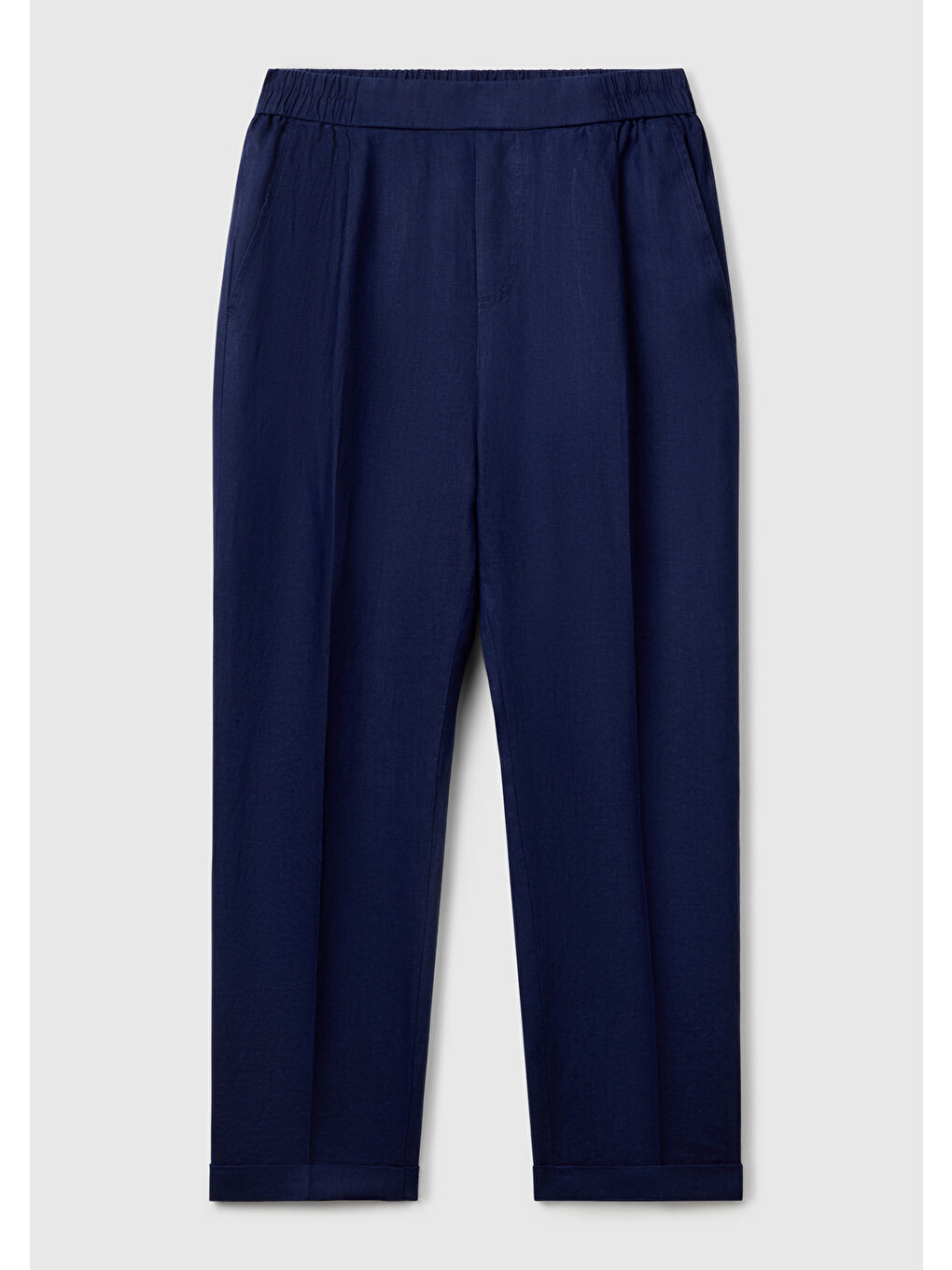Kadın Koyu Lacivert %100 Keten Beli Lastikli Pantolon-1