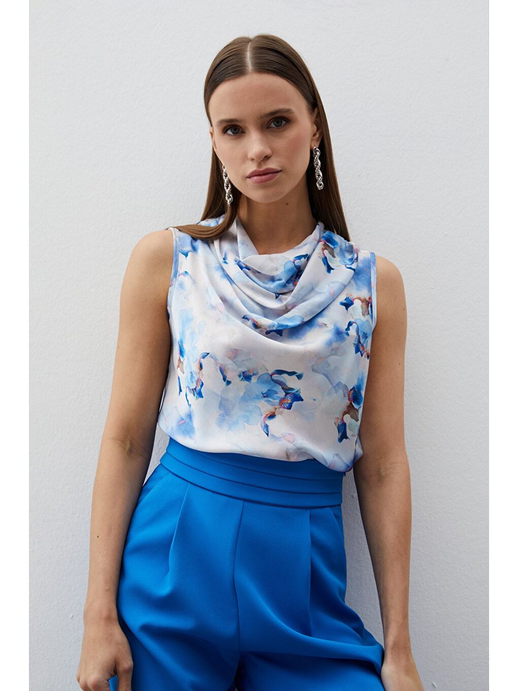 Degaje Yaka Desenli Bluz - Mavi-2