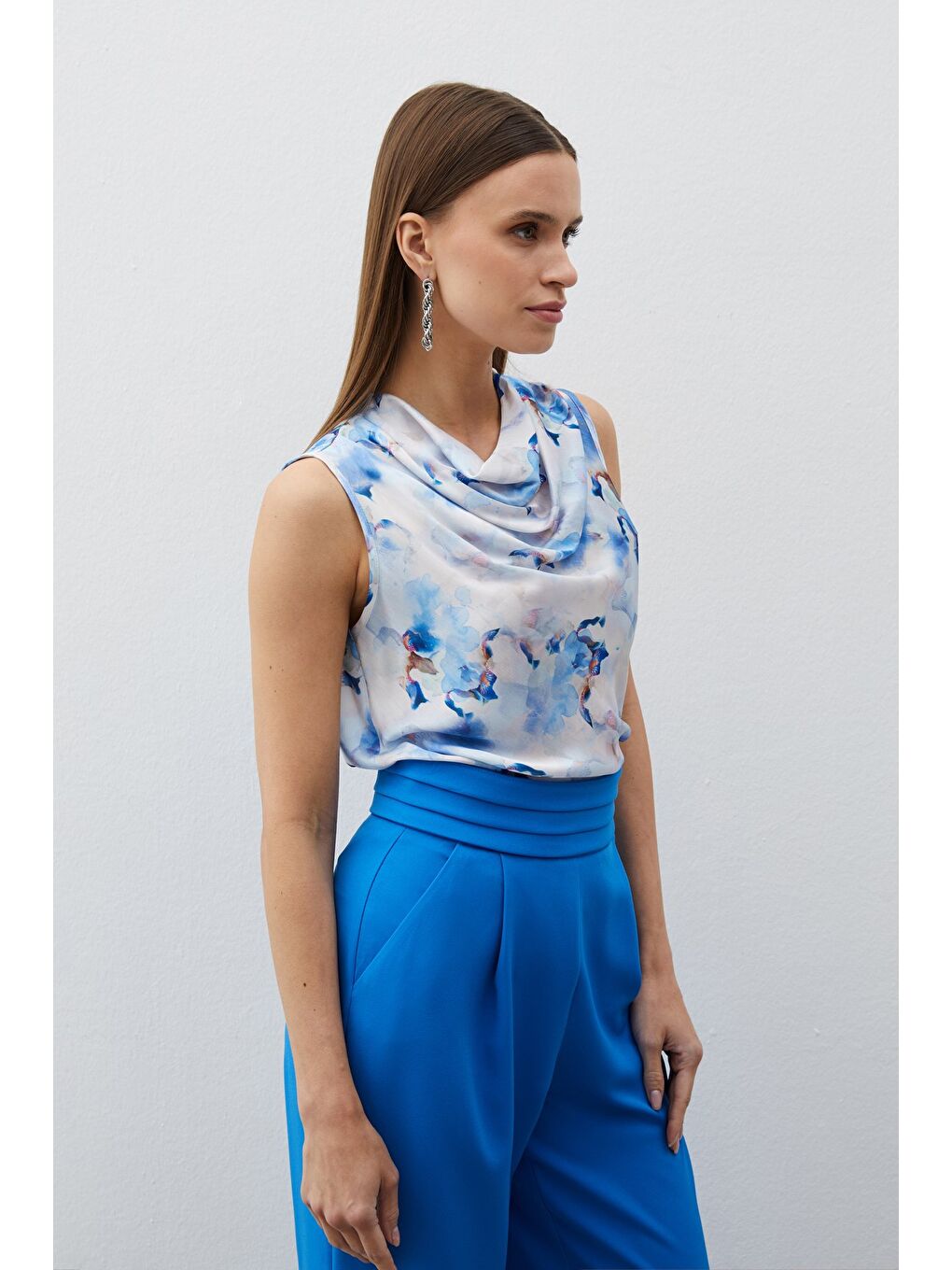 Degaje Yaka Desenli Bluz - Mavi-3