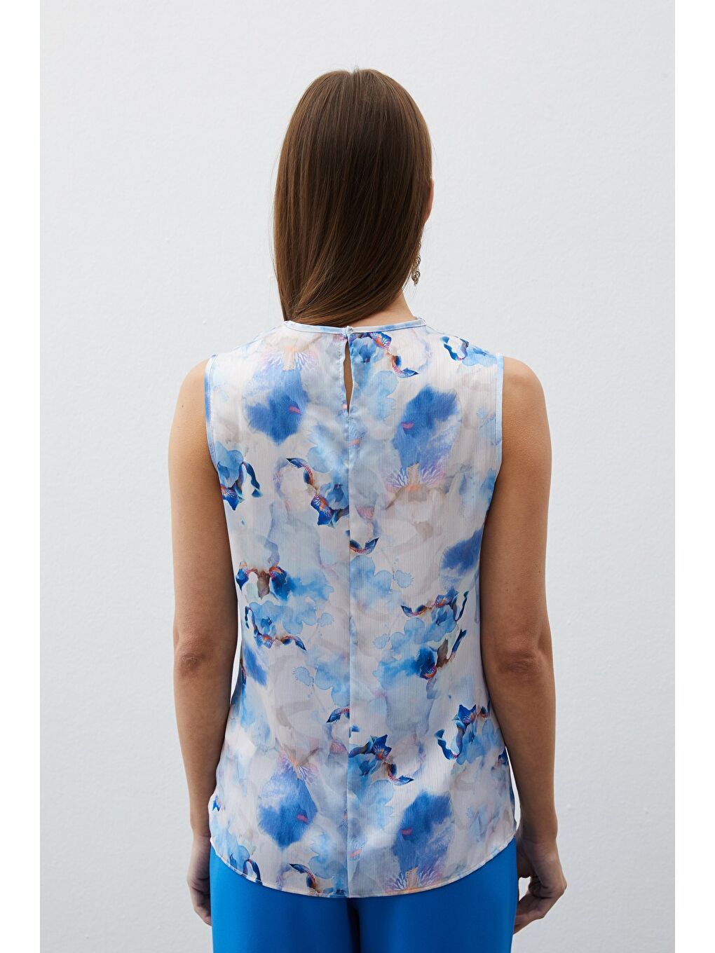 Degaje Yaka Desenli Bluz - Mavi-4