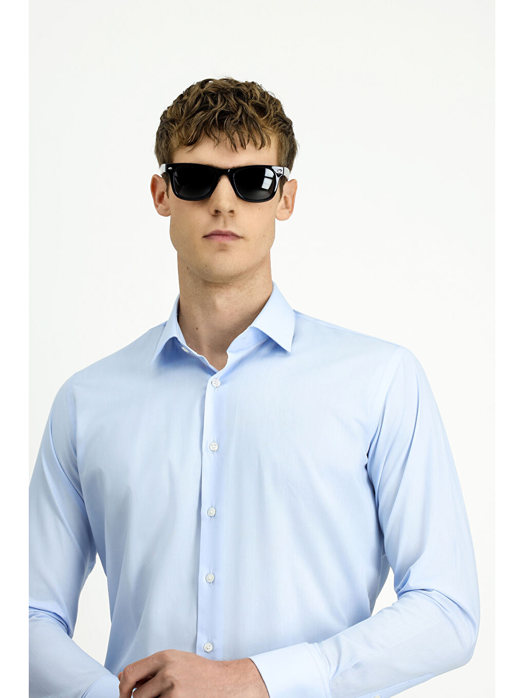 Mavi Uzun Kol Slim Fit Dar Kesim Klasik Manşetli Pamuk Gömlek-2