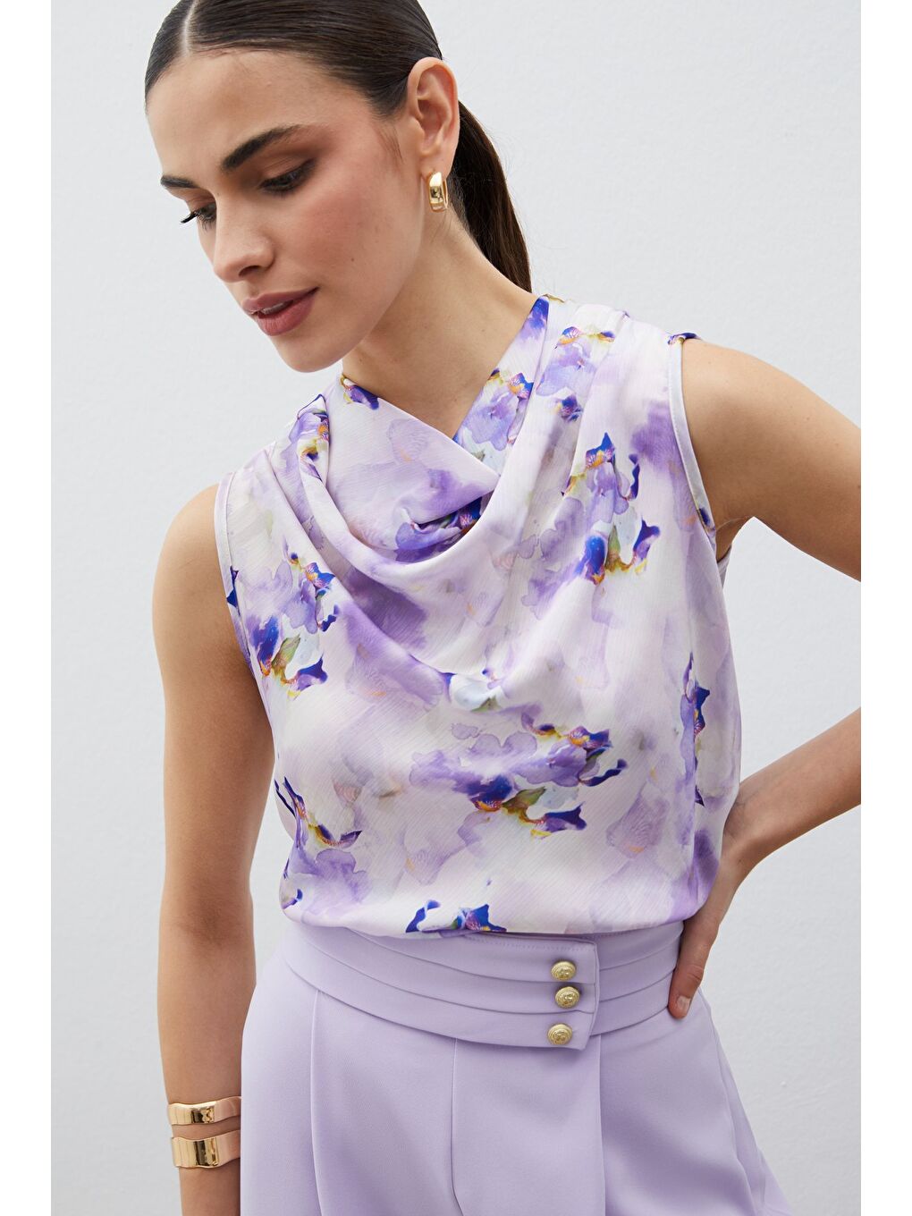 Degaje Yaka Desenli Bluz - Lila-1