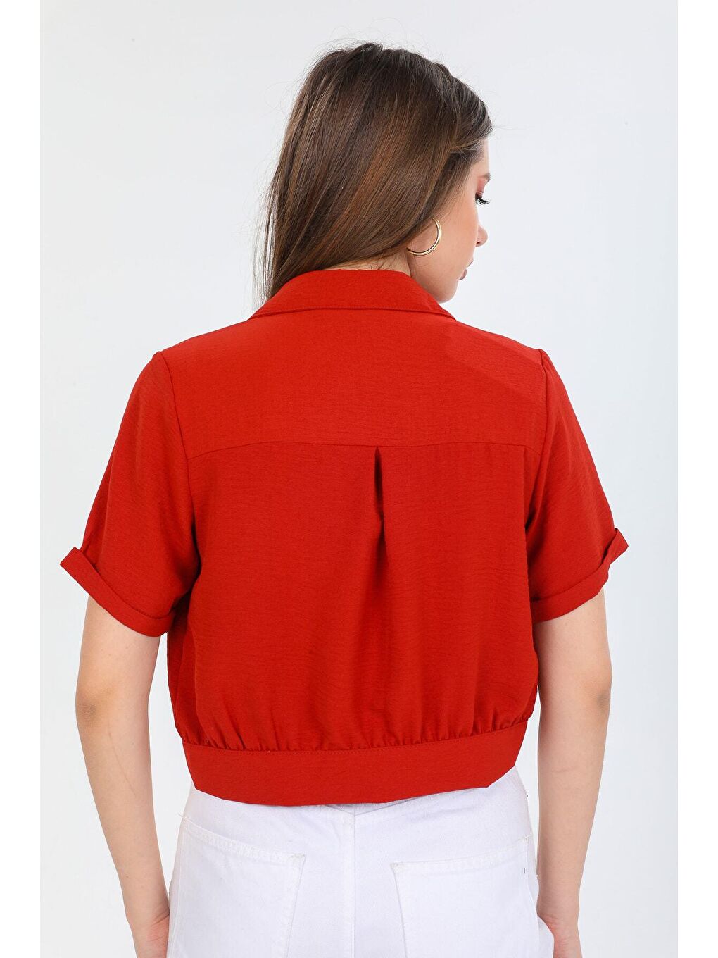 Kahverengi Kadın Kiremit Cepli Düğmeli Kısa Kollu Yazlık Crop Gömlek Ceket HZL22S-BD106631-2