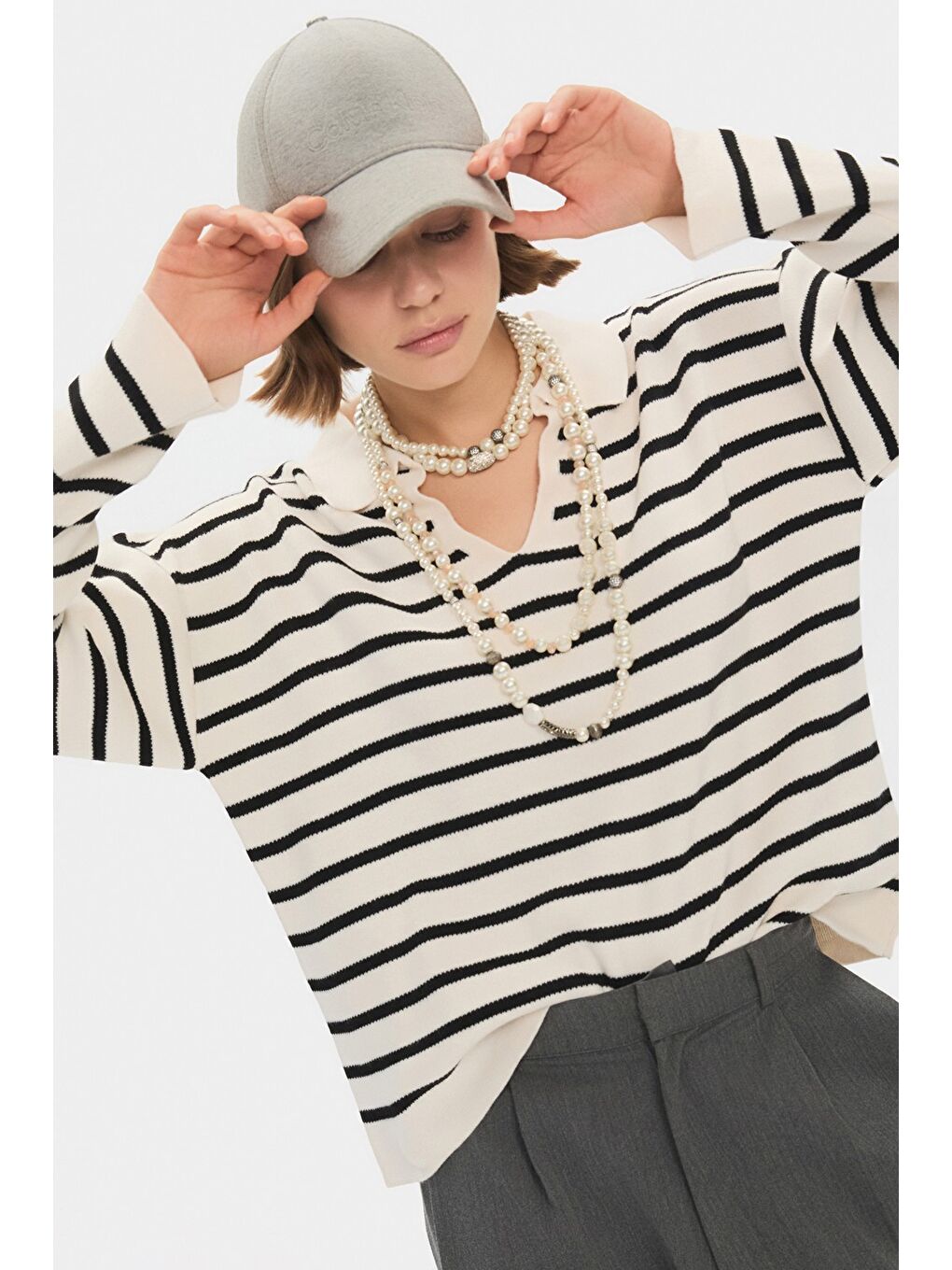 Siyah Polo Yaka Çizgili Triko Kazak-2