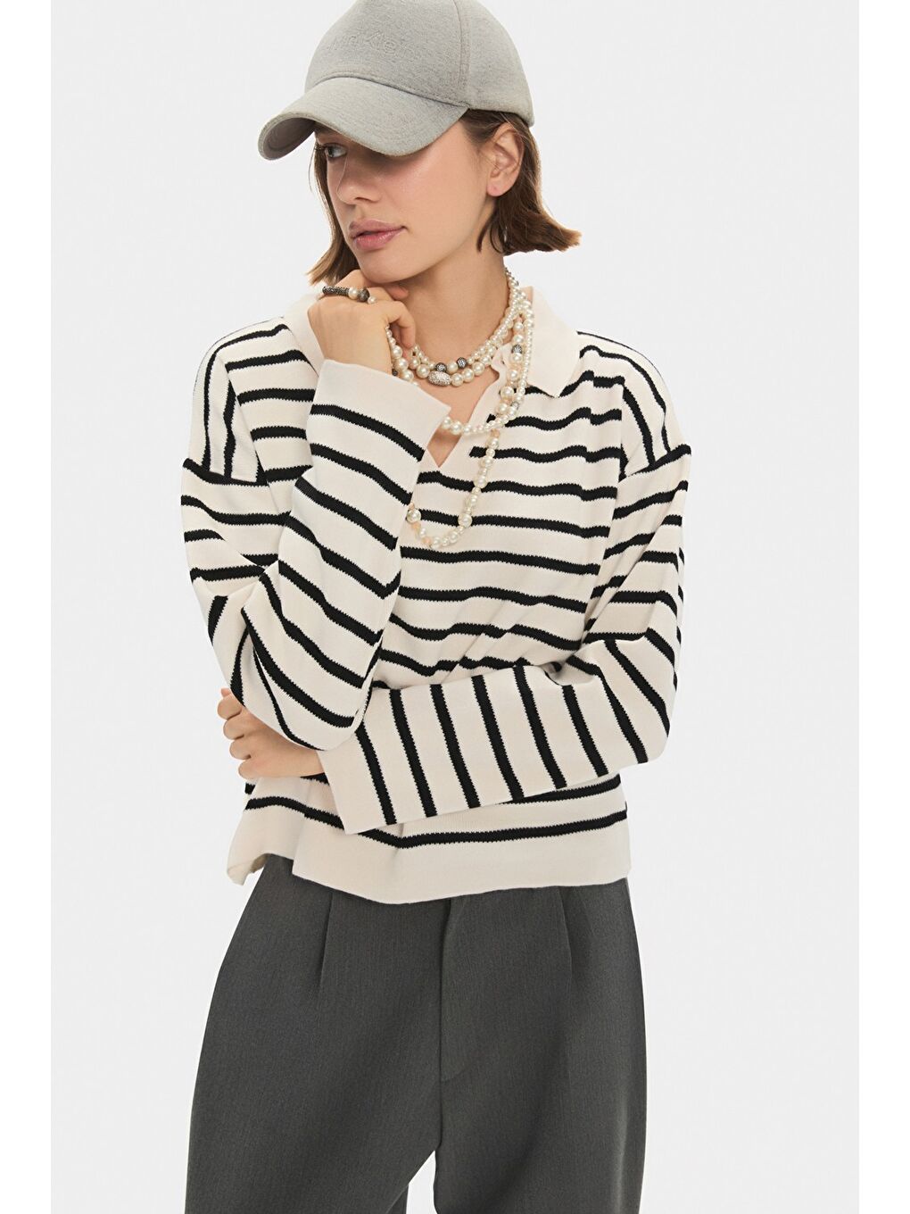 Siyah Polo Yaka Çizgili Triko Kazak-3