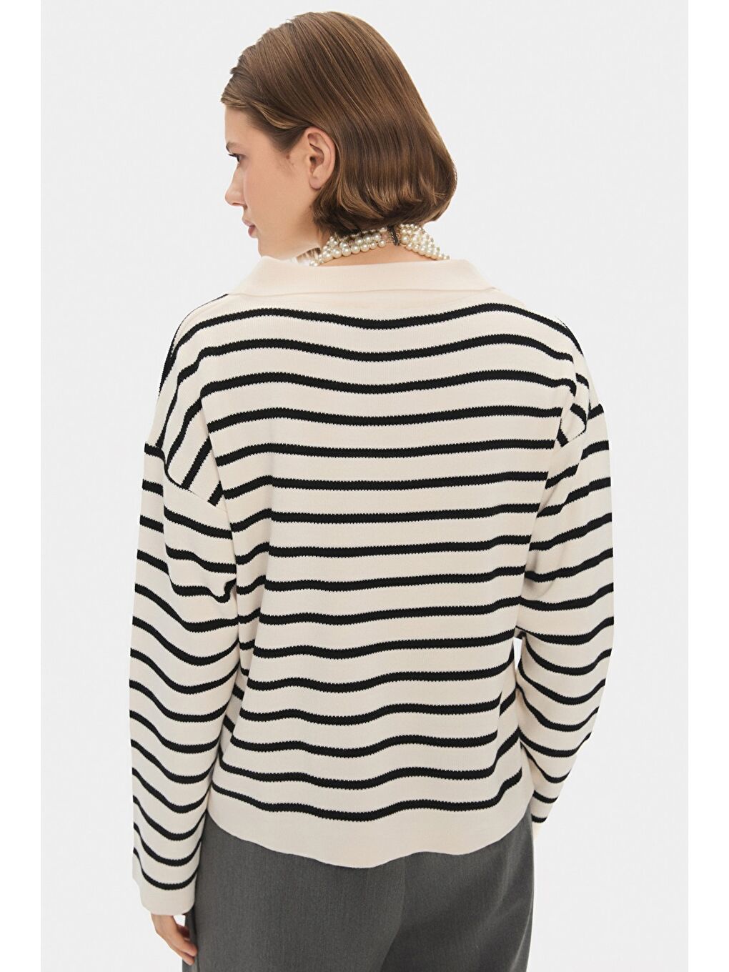 Siyah Polo Yaka Çizgili Triko Kazak-4