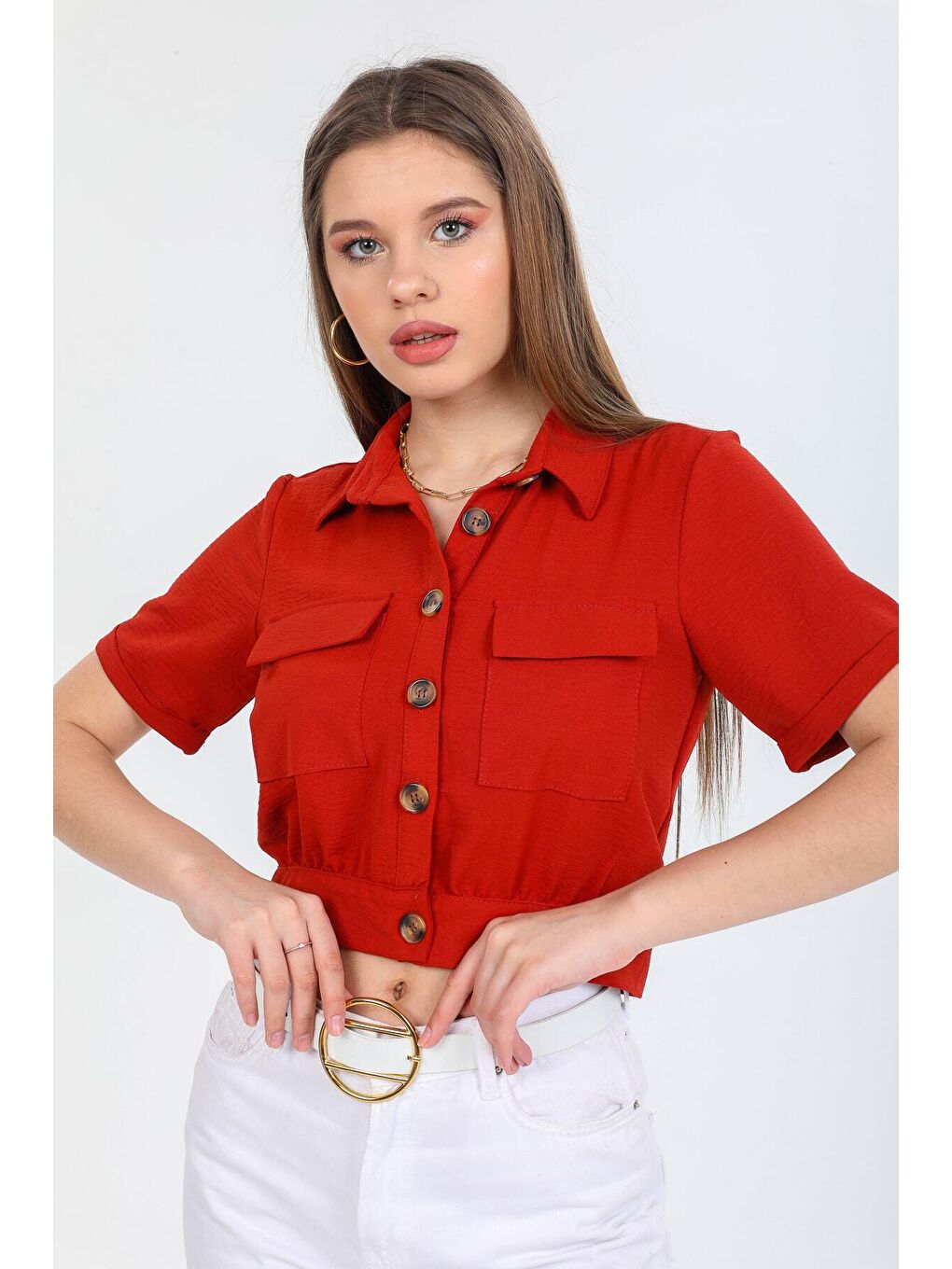 Kahverengi Kadın Kiremit Cepli Düğmeli Kısa Kollu Yazlık Crop Gömlek Ceket HZL22S-BD106631-3