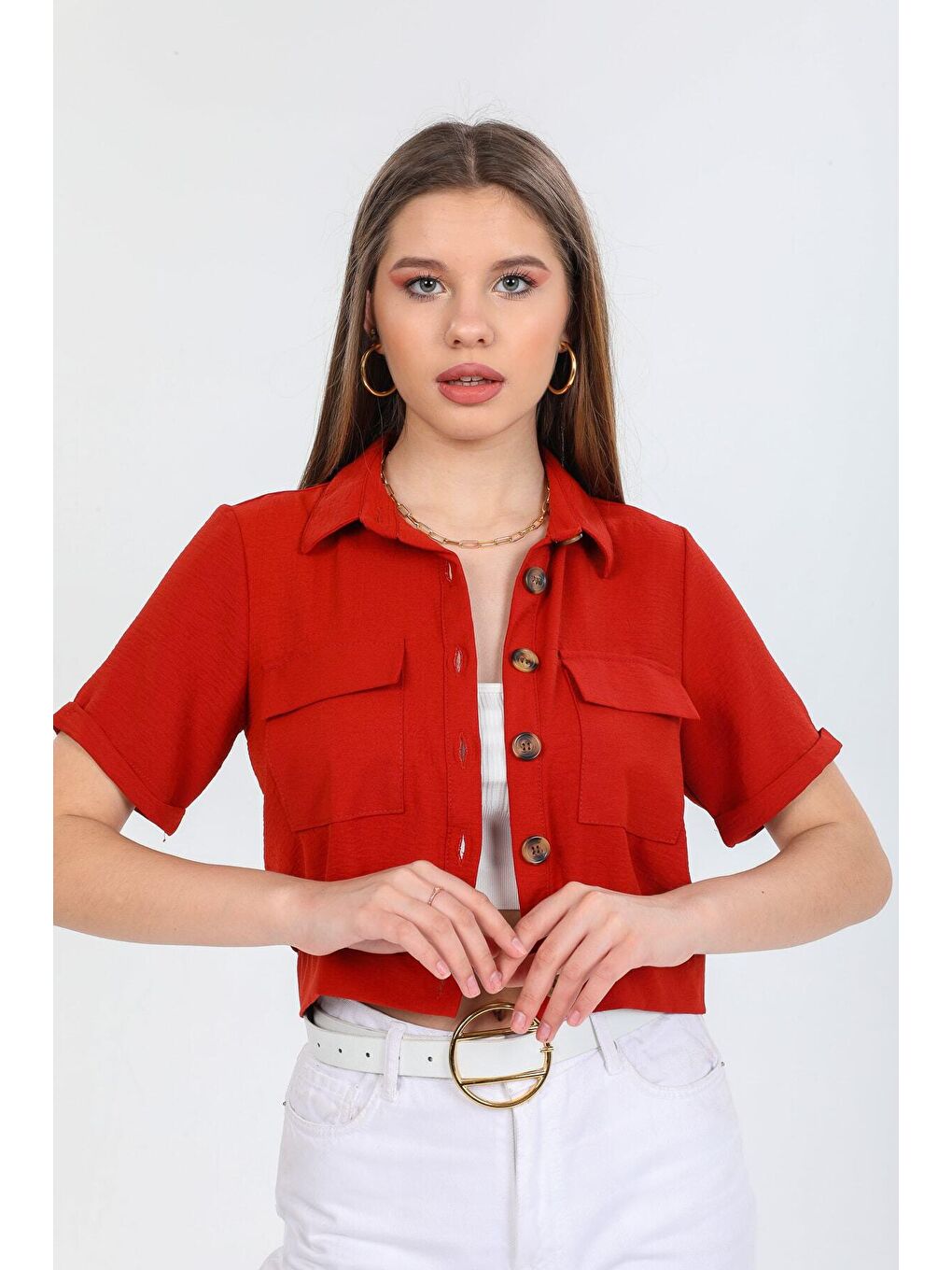 Kahverengi Kadın Kiremit Cepli Düğmeli Kısa Kollu Yazlık Crop Gömlek Ceket HZL22S-BD106631-4