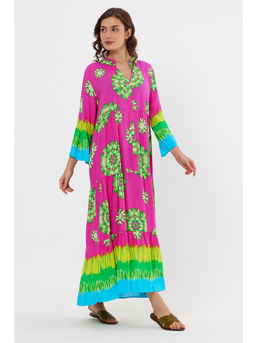 Pembe Kadın Önü Düğmeli Elbise-1