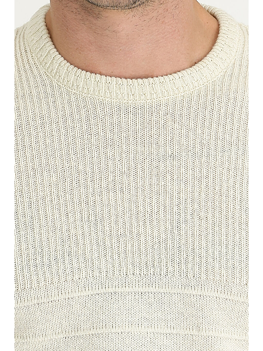 Ekru Bisiklet Yaka Slim Fit Dar Kesim Desenli Triko Büyük Beden Kazak-3