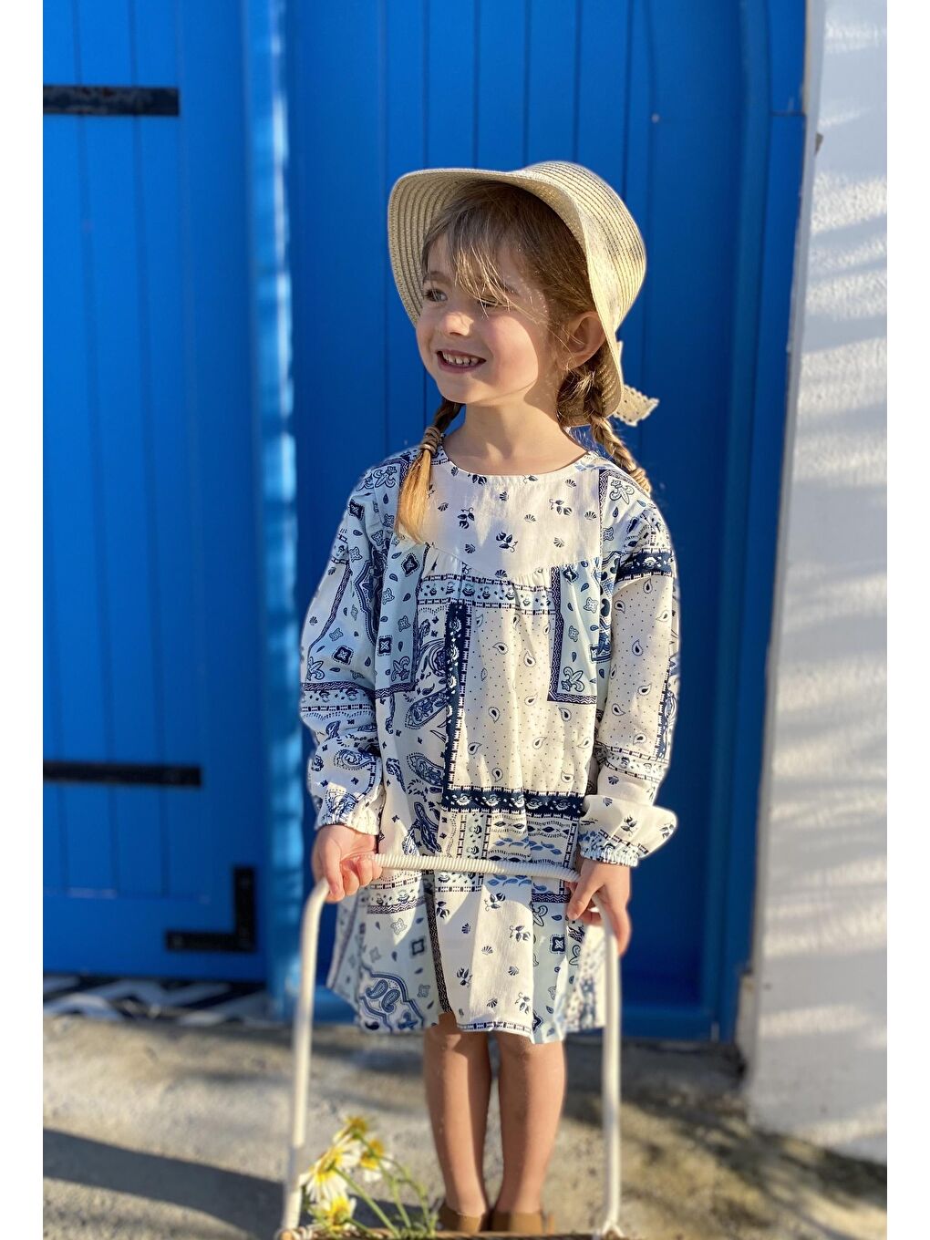 Mavi Kız Çocuk Desenli Elbise