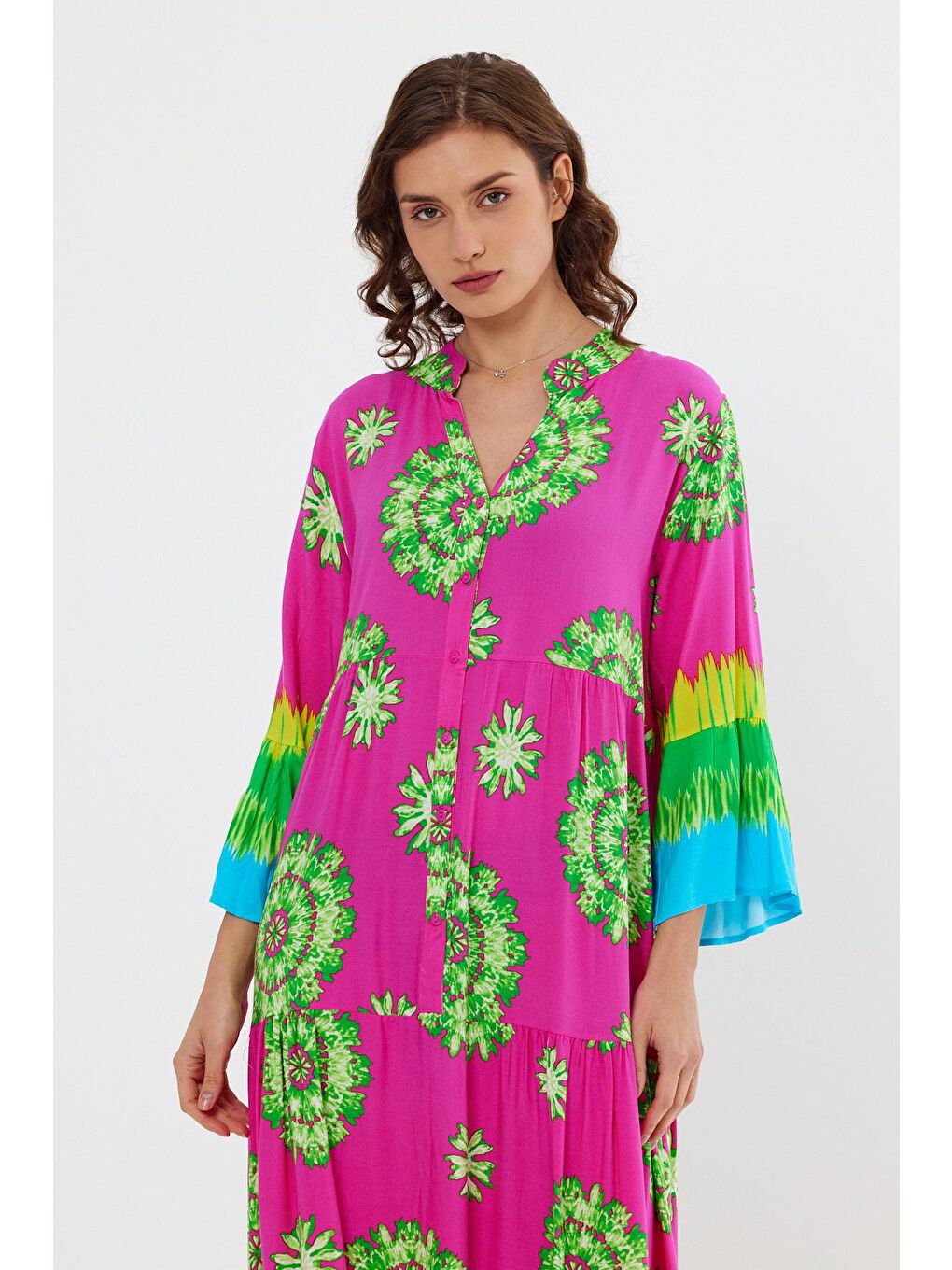 Pembe Kadın Önü Düğmeli Elbise-2