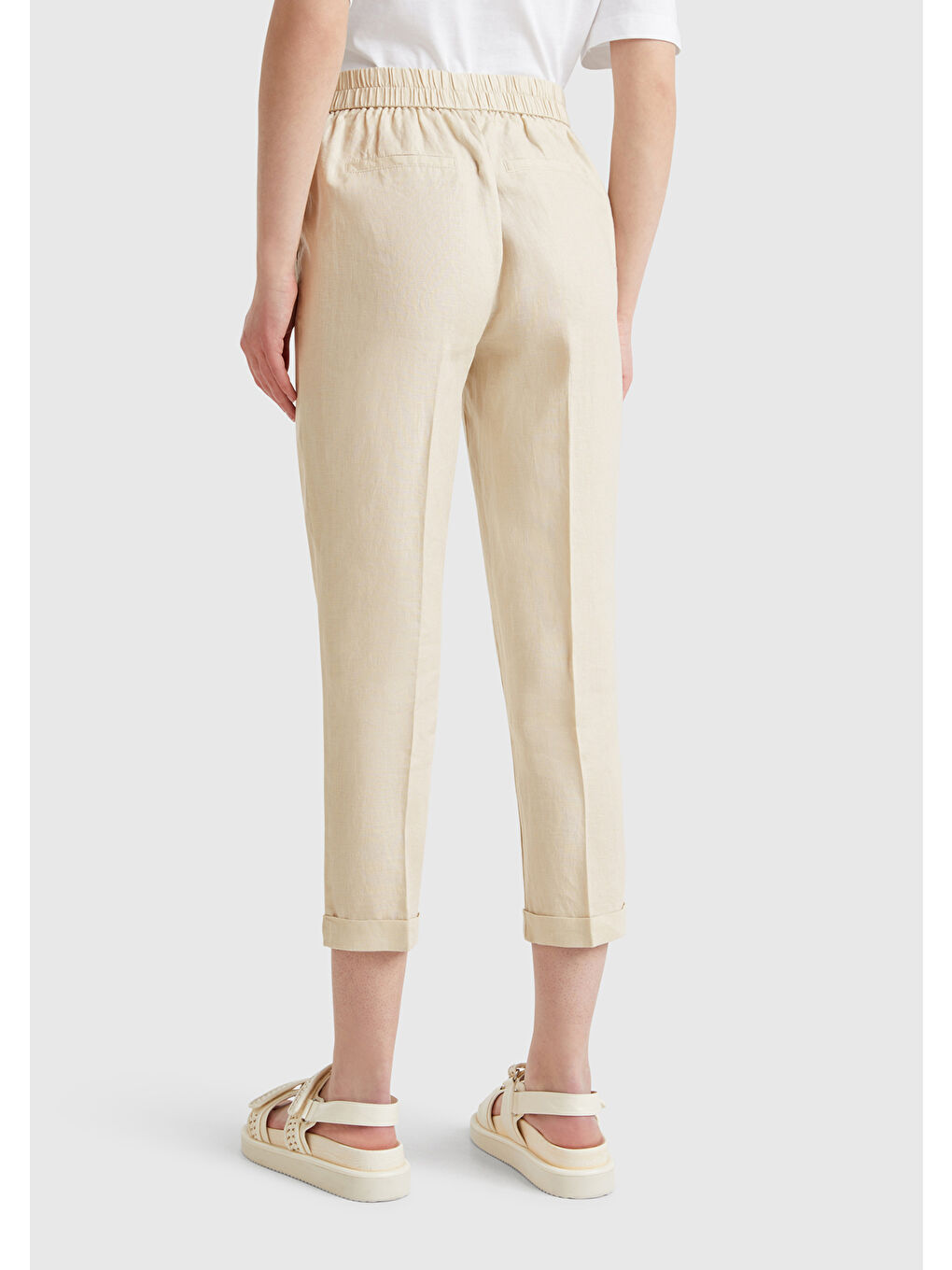 Kadın Bej %100 Keten Beli Lastikli Pantolon-1