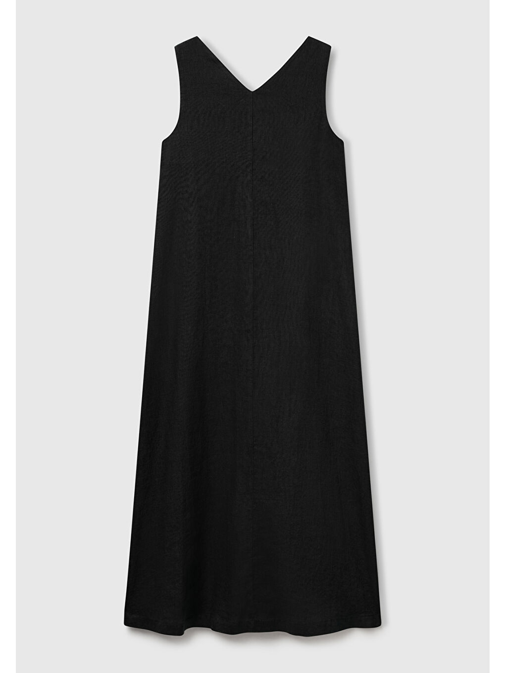 Kadın Siyah %100 Keten V Yaka Kolsuz A Kesim Midi Elbise-3