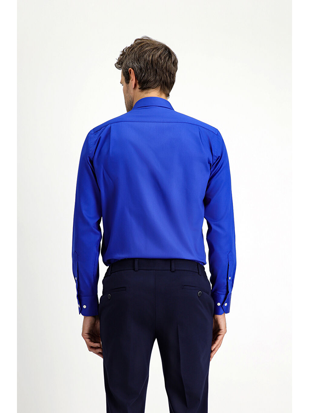 Mavi Uzun Kol Non Iron Saten Klasik Pamuklu Gömlek-4