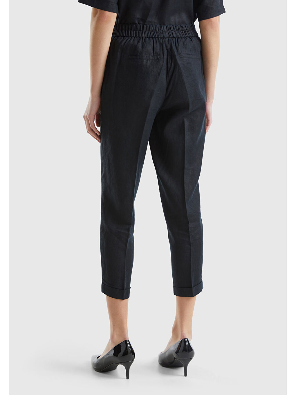 Kadın Siyah %100 Keten Beli Lastikli Pantolon-2