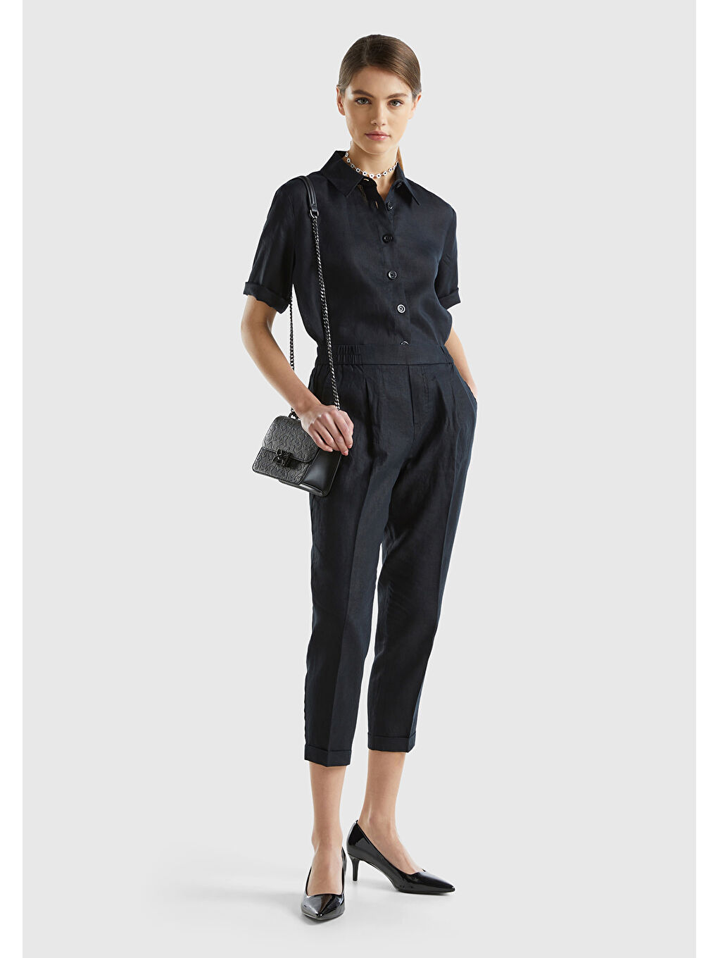 Kadın Siyah %100 Keten Beli Lastikli Pantolon-4