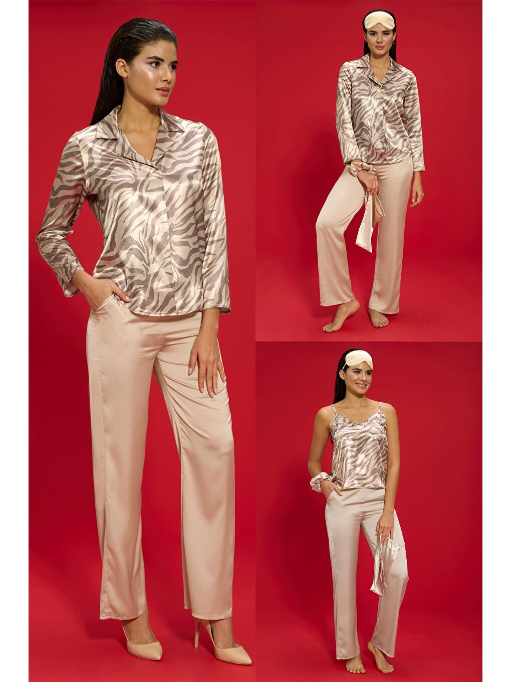 For You Moda Bej 6'lı Zebra Hem İçerde Hem Dışarıda Pijama Taş Takımı