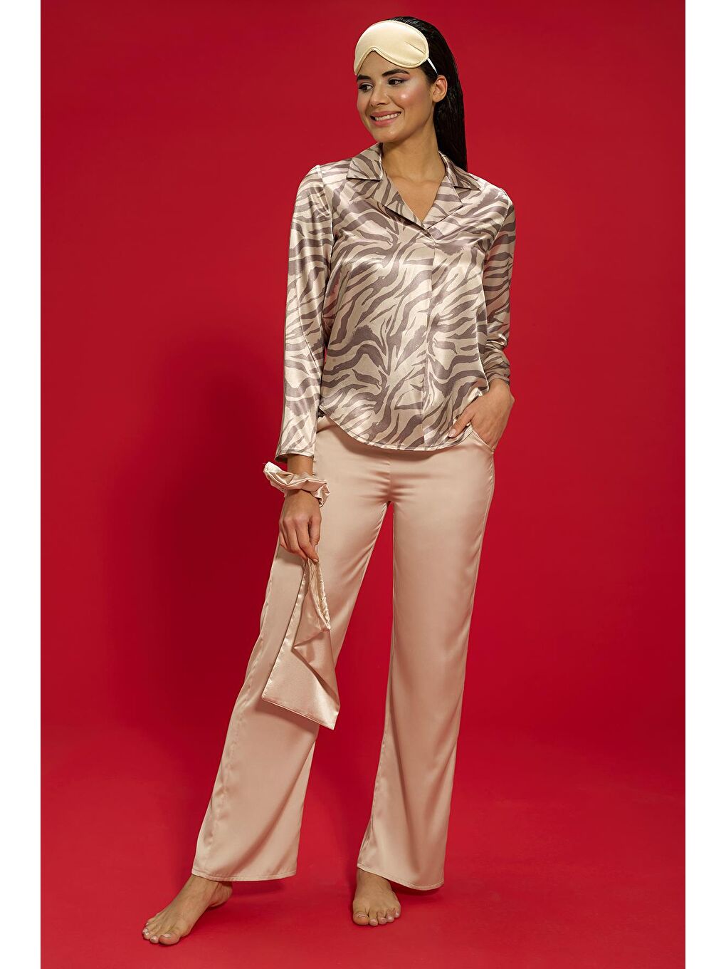 For You Moda Bej 6'lı Zebra Hem İçerde Hem Dışarıda Pijama Taş Takımı - 3
