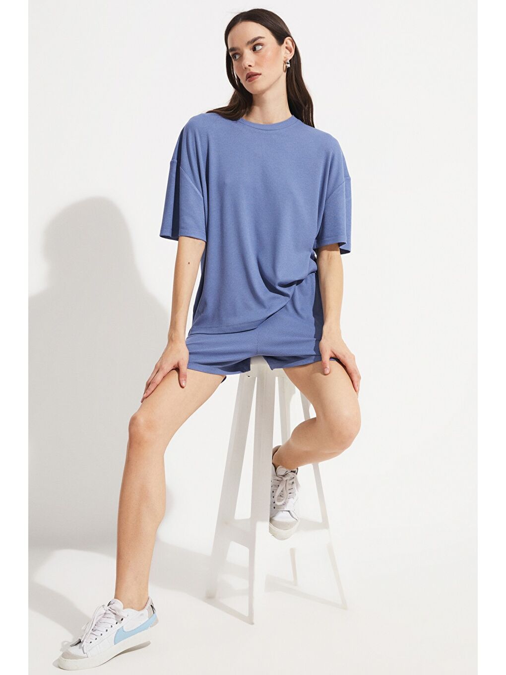 Mavi Kadın Viskon Karışımlı Kaşkorse Tişört Şort Örme Takım-4