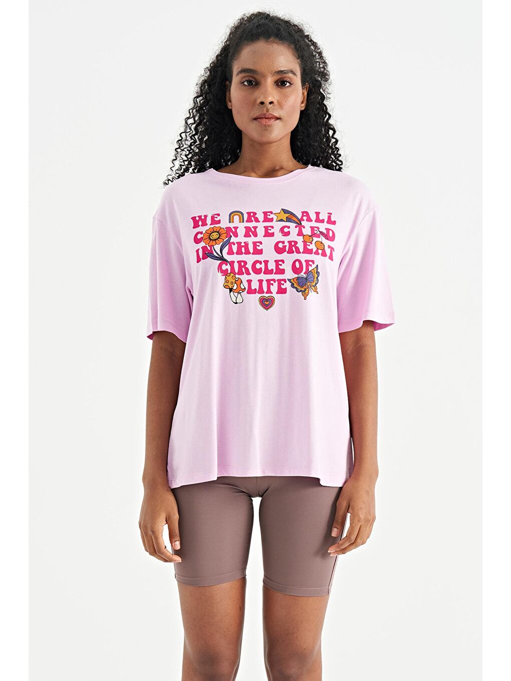 Veryperi Pembe Yazı Baskılı Düşük Omuzlu O Yaka Oversize Kadın T-Shirt - 02305