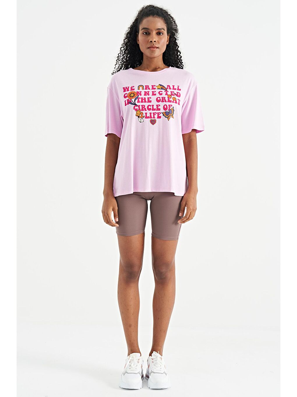 Veryperi Pembe Yazı Baskılı Düşük Omuzlu O Yaka Oversize Kadın T-Shirt - 02305 - 2