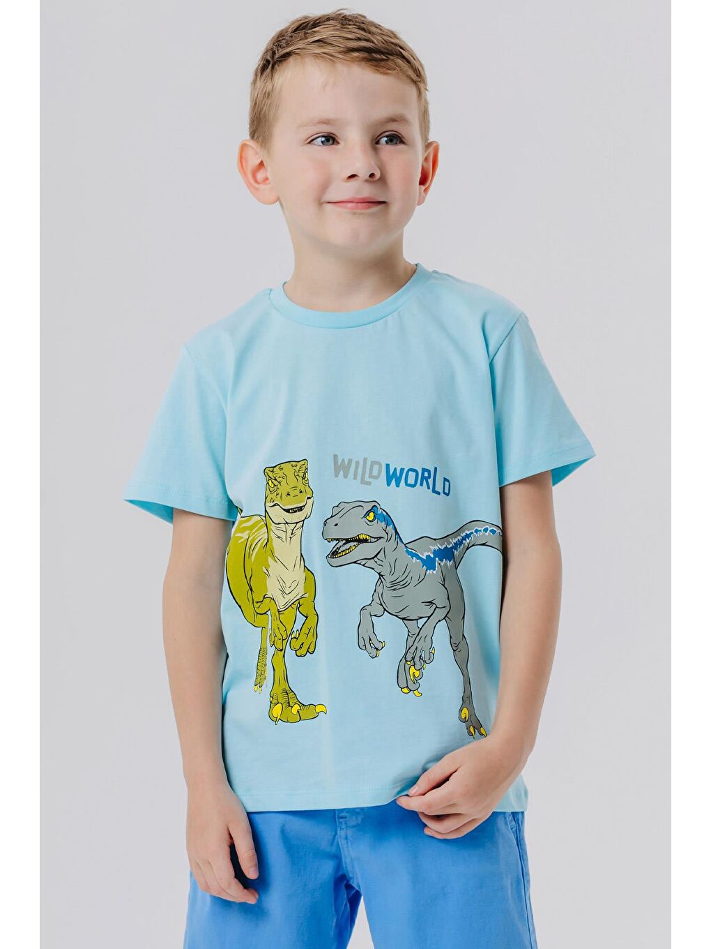 Erkek Çocuk Tişört Dinozor Baskılı Açık Mavi (5-10 Yaş)