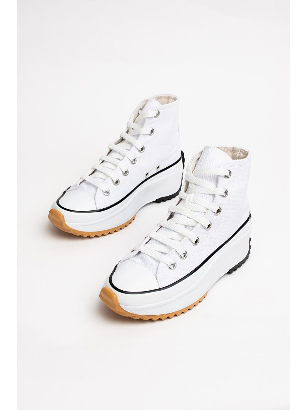 Beyaz Bağcıklı Rahat Kalın Taban Bilekte Keten Kadın Sneakers 55-1000-23-2