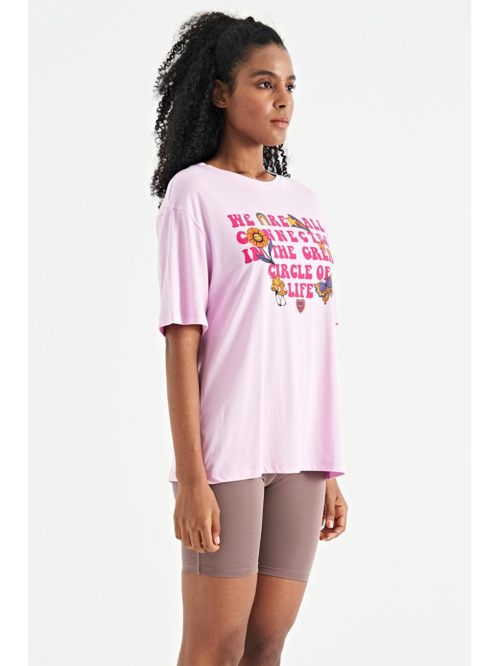 Veryperi Pembe Yazı Baskılı Düşük Omuzlu O Yaka Oversize Kadın T-Shirt - 02305 - 3