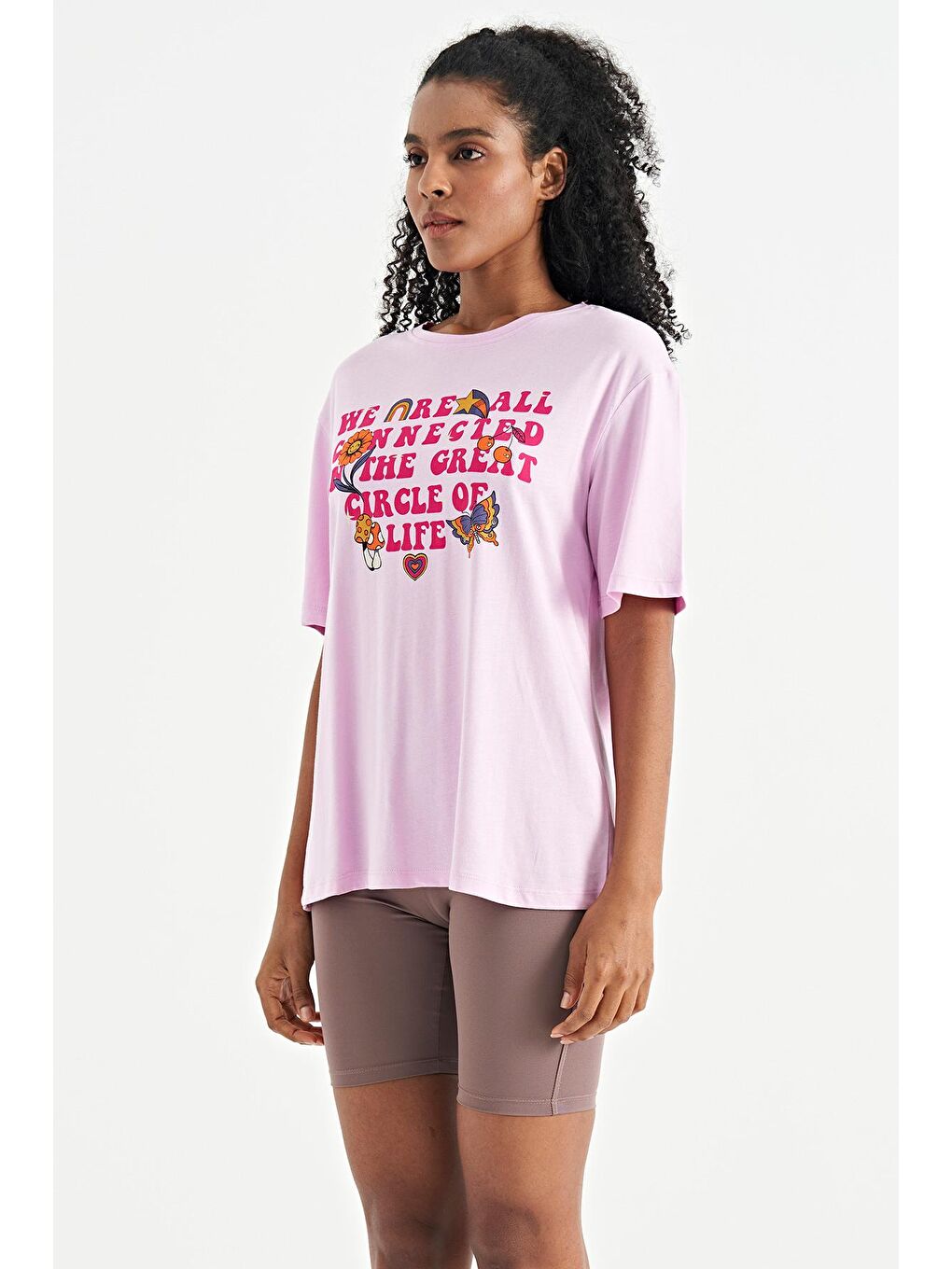 Veryperi Pembe Yazı Baskılı Düşük Omuzlu O Yaka Oversize Kadın T-Shirt - 02305 - 4