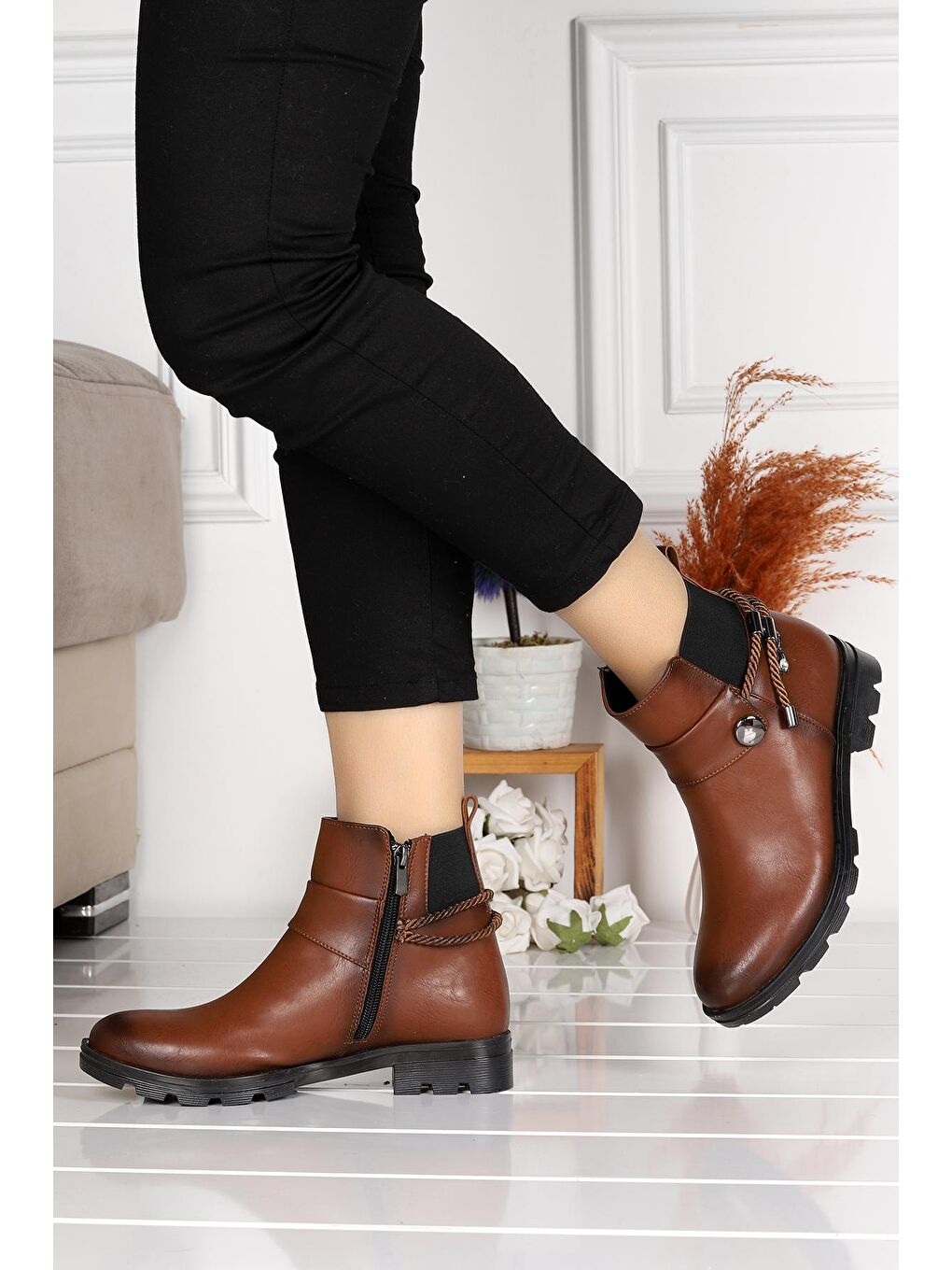 Kahverengi Cilt Günlük Termo Taban Kadın Bot Ayakkabı Pnt 418042-2