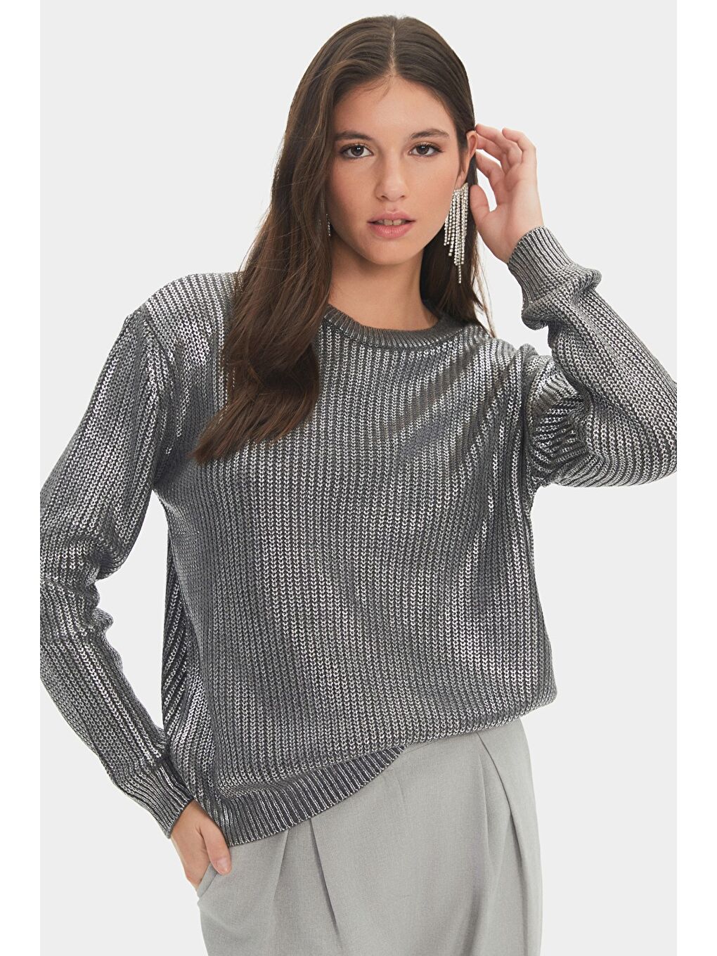 Gri Kadın Bisiklet Yaka Düşük Omuz Varak Baskılı Triko Kazak-1