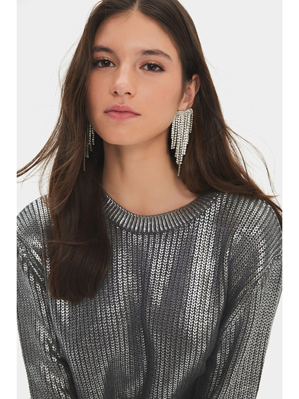 Gri Kadın Bisiklet Yaka Düşük Omuz Varak Baskılı Triko Kazak-2