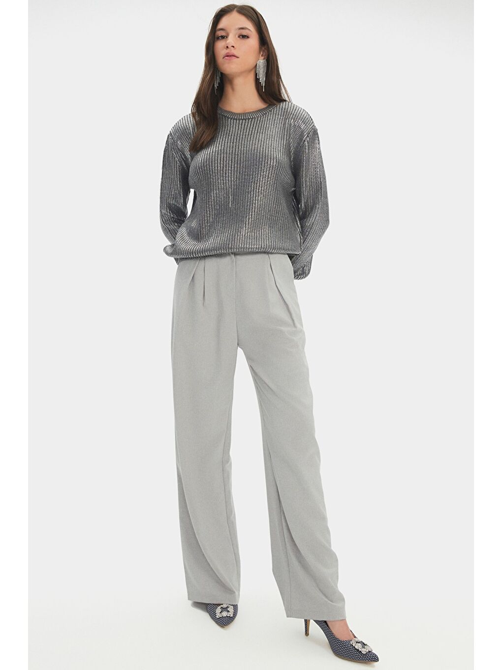 Gri Kadın Bisiklet Yaka Düşük Omuz Varak Baskılı Triko Kazak-4