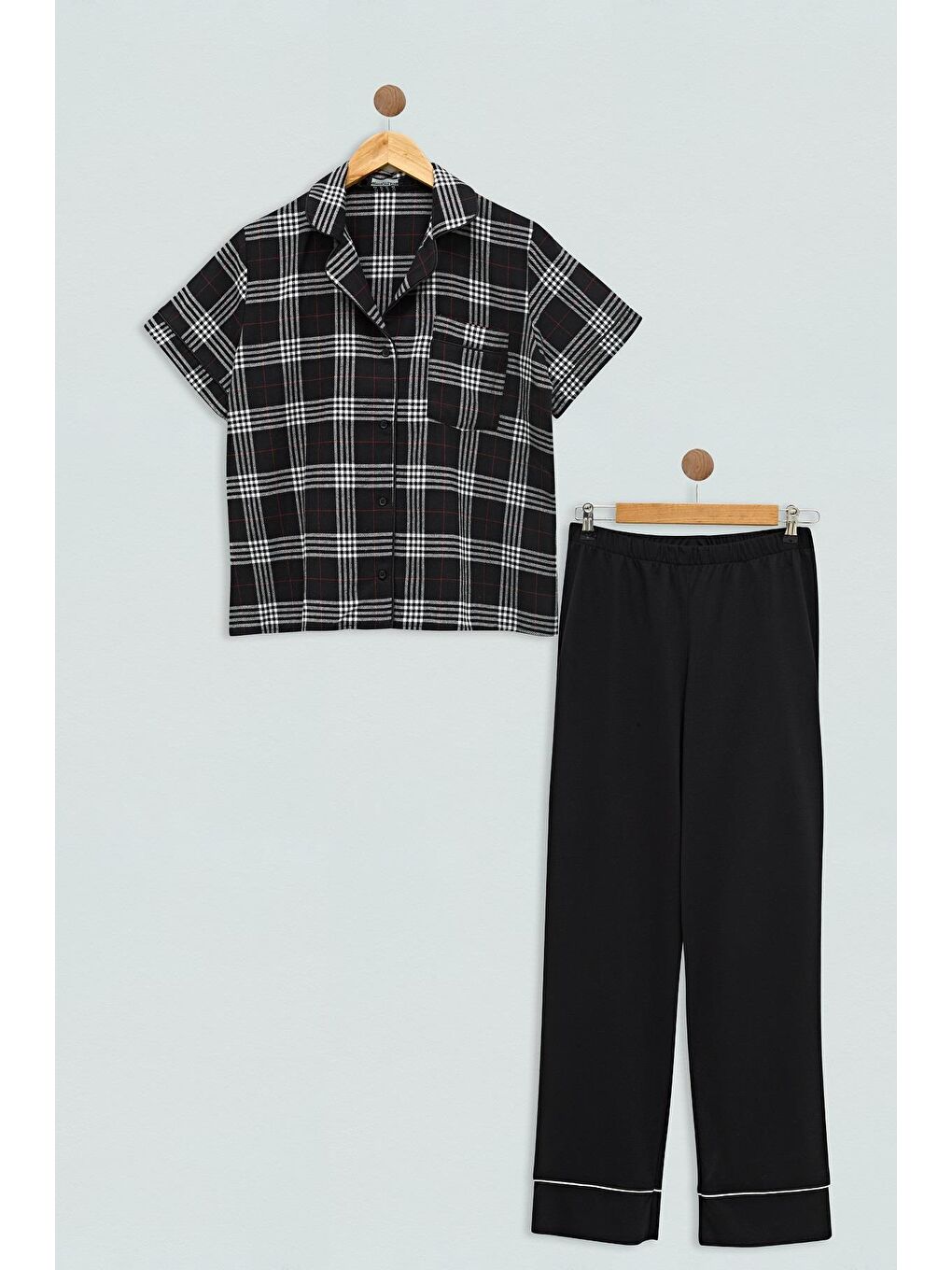 2'li Ekoseli Siyah Pijama Takım