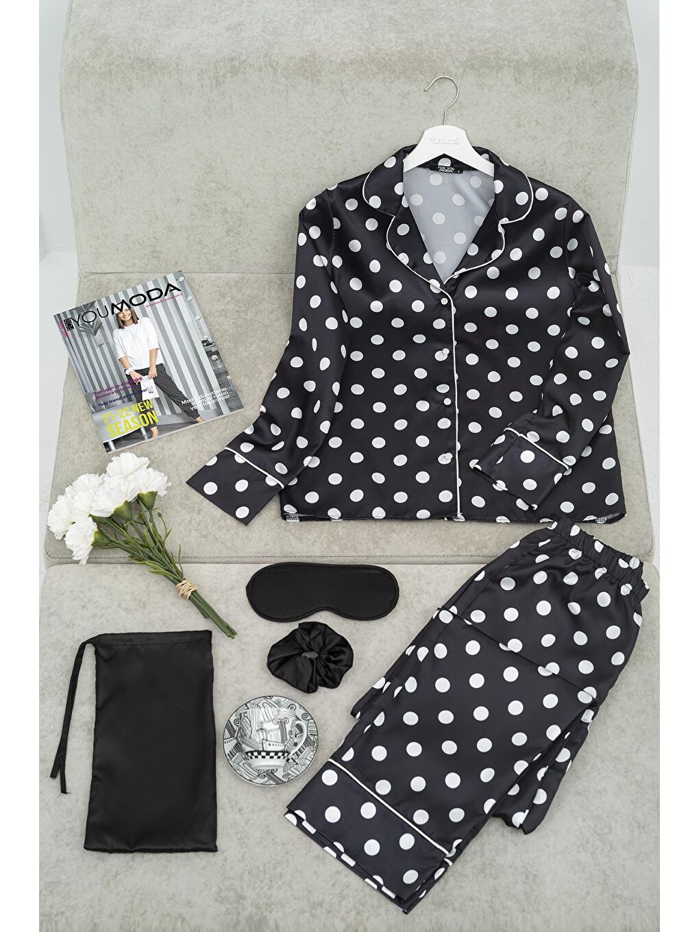 5'li Puantiyeli Siyah Pijama Takım